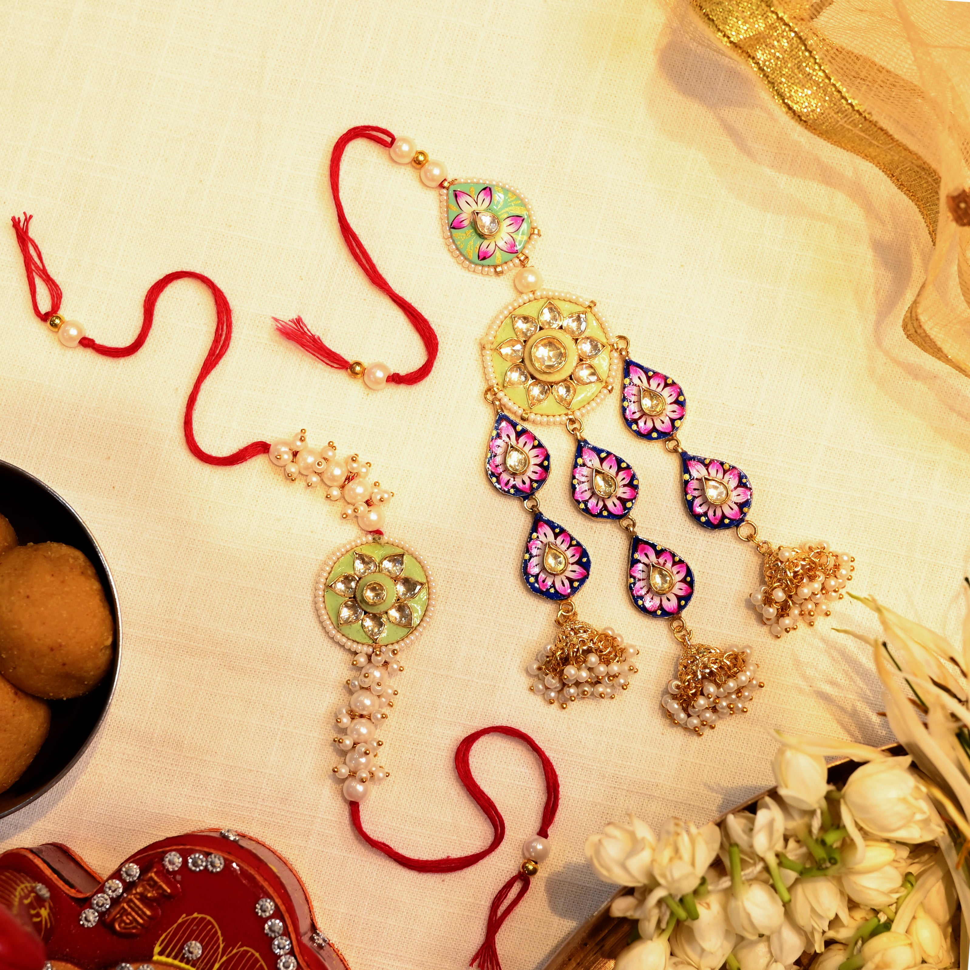 SJRB1001- Multi Colour Gold Plated Jadau Kundan Meenakari Couple Thread Rakhi