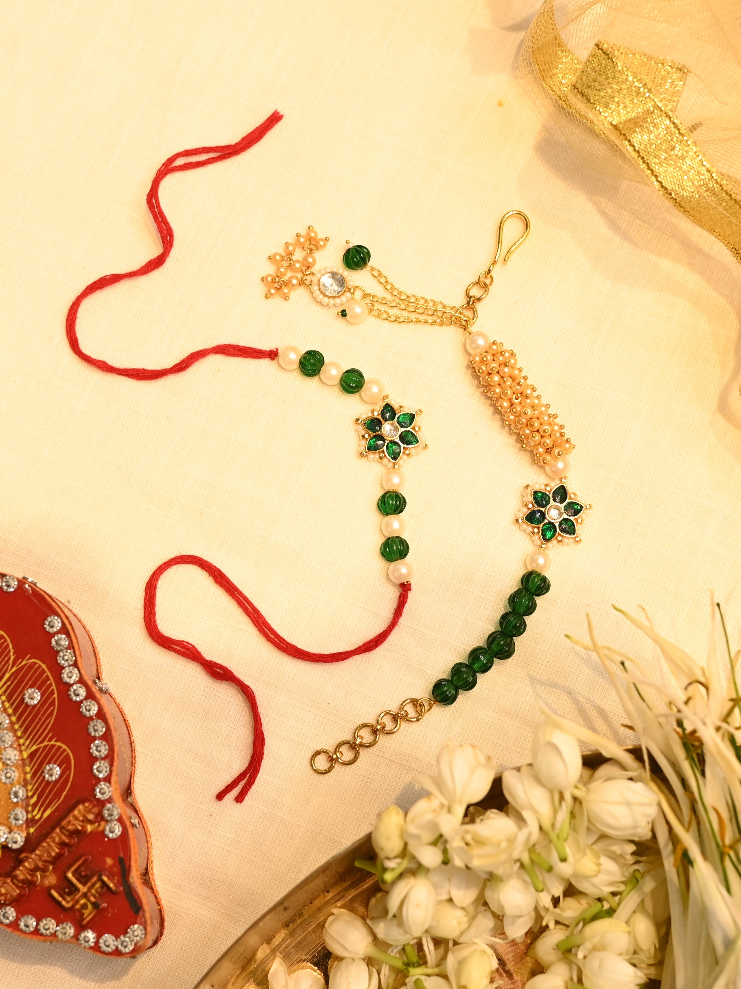 SJRB1002- Green and White Colour Gold Plated Jadau Kundan Couple Flower Motif Rakhi