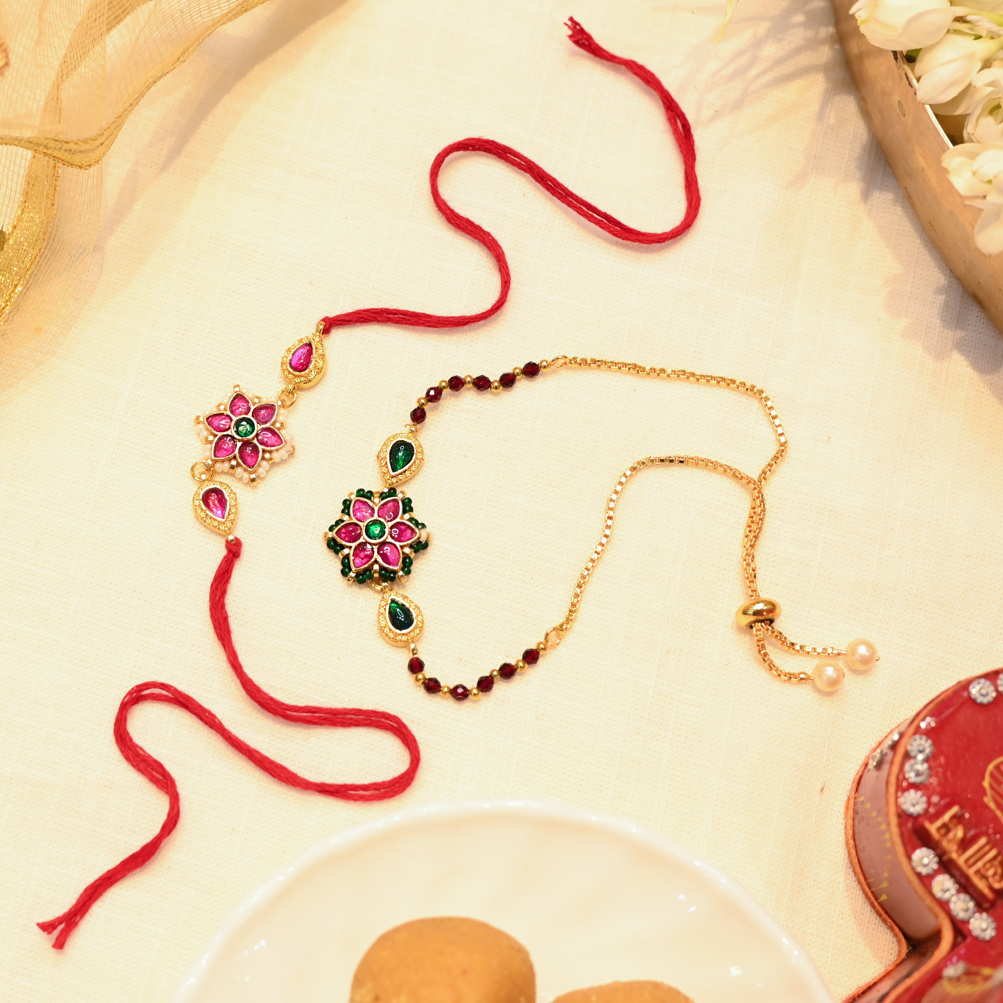 SJRB1003- Multi Colour Gold Plated Jadau Kundan Couple Flower Motif Rakhi