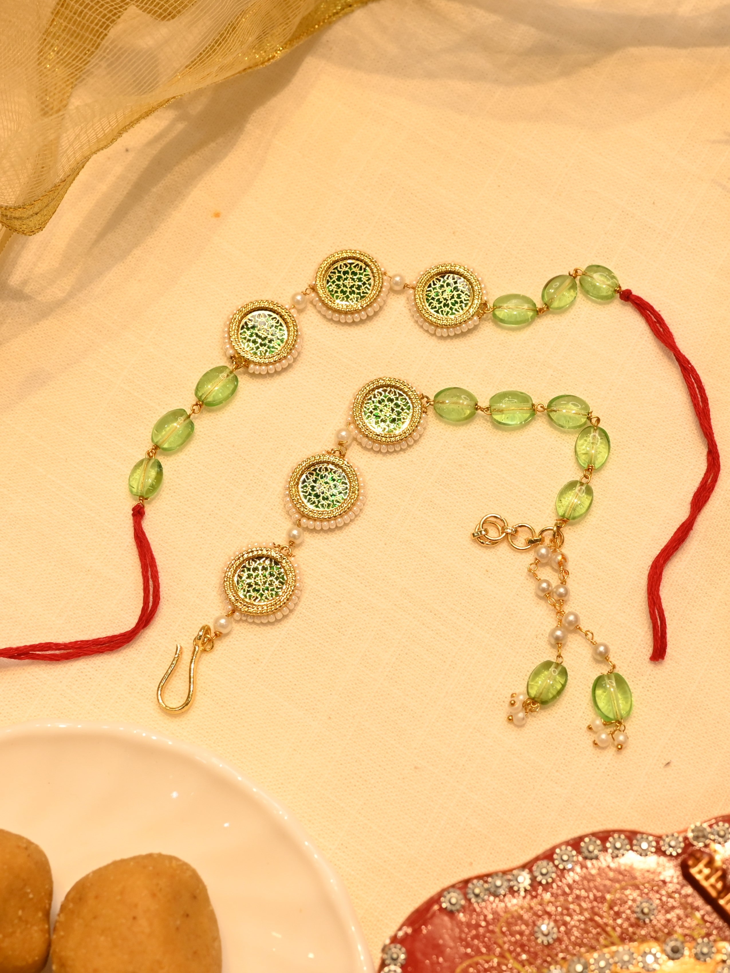 SJRB1004- Green Colour Gold Plated Couple Beaded Rakhi