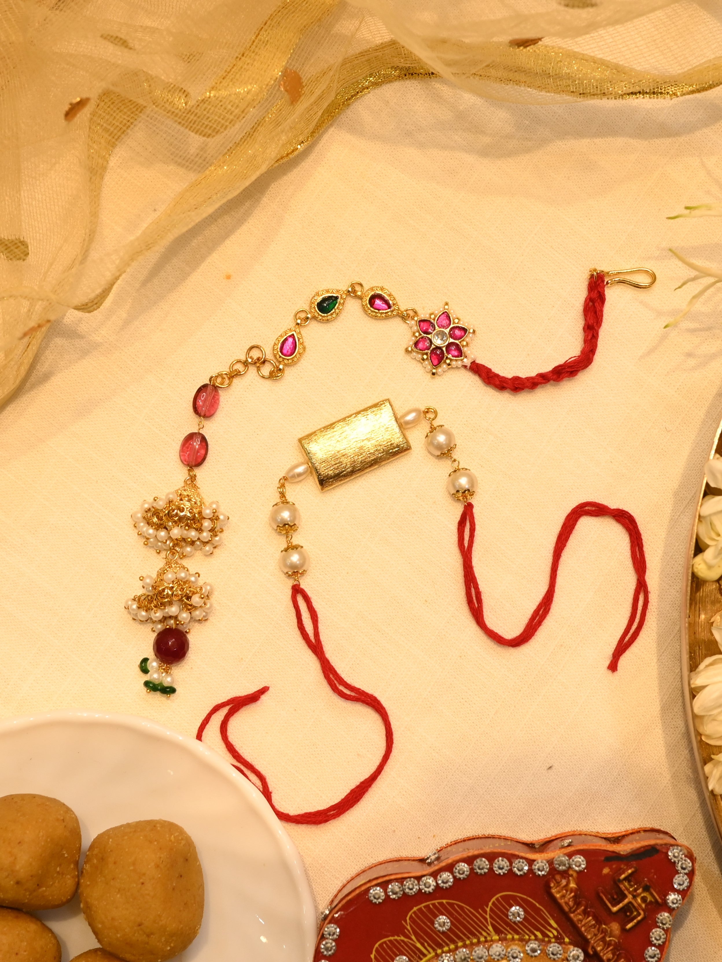 SJRB1006- Multi Colourt Gold Plated Jadau Kundan Couple Thread Rakhi
