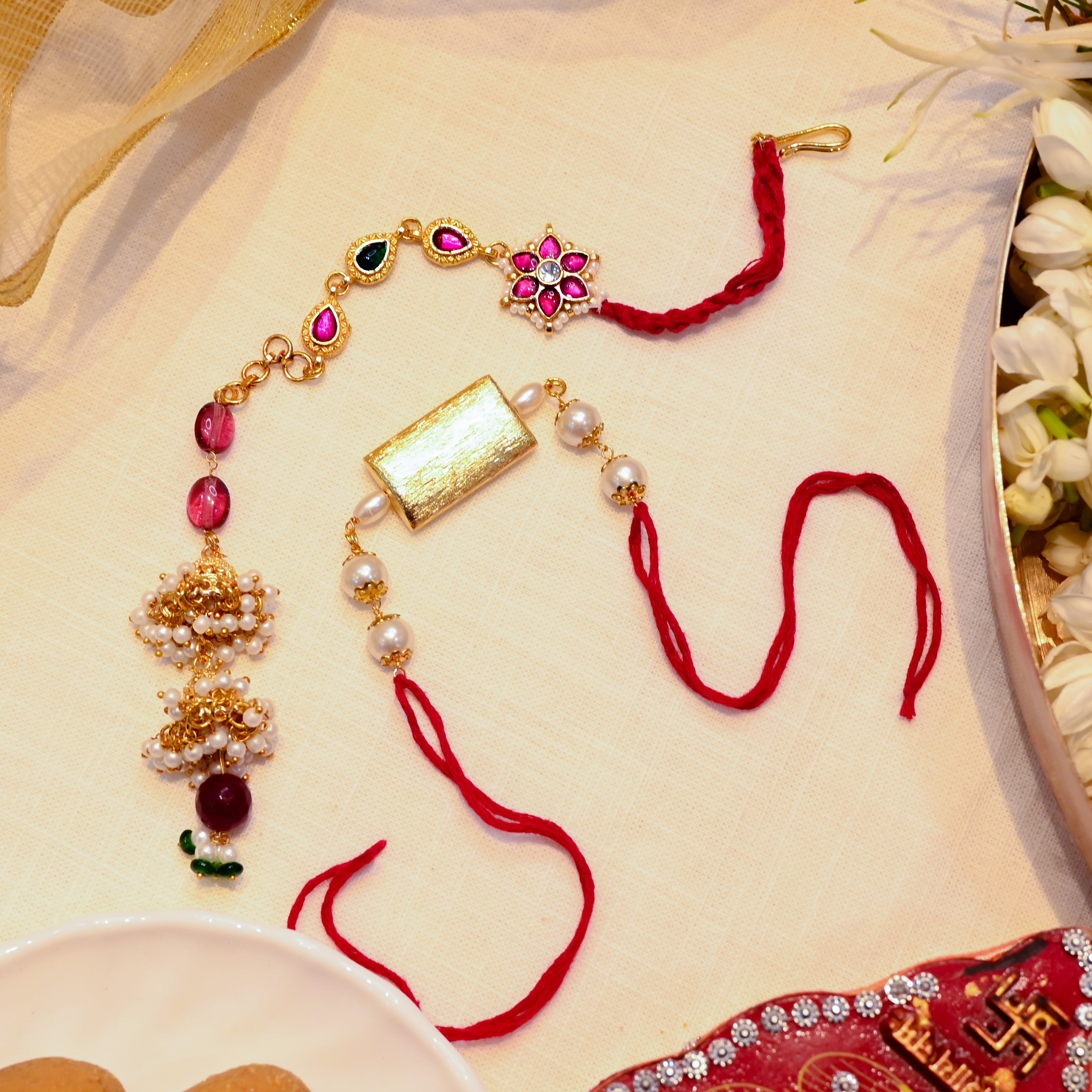 SJRB1006- Multi Colourt Gold Plated Jadau Kundan Couple Thread Rakhi