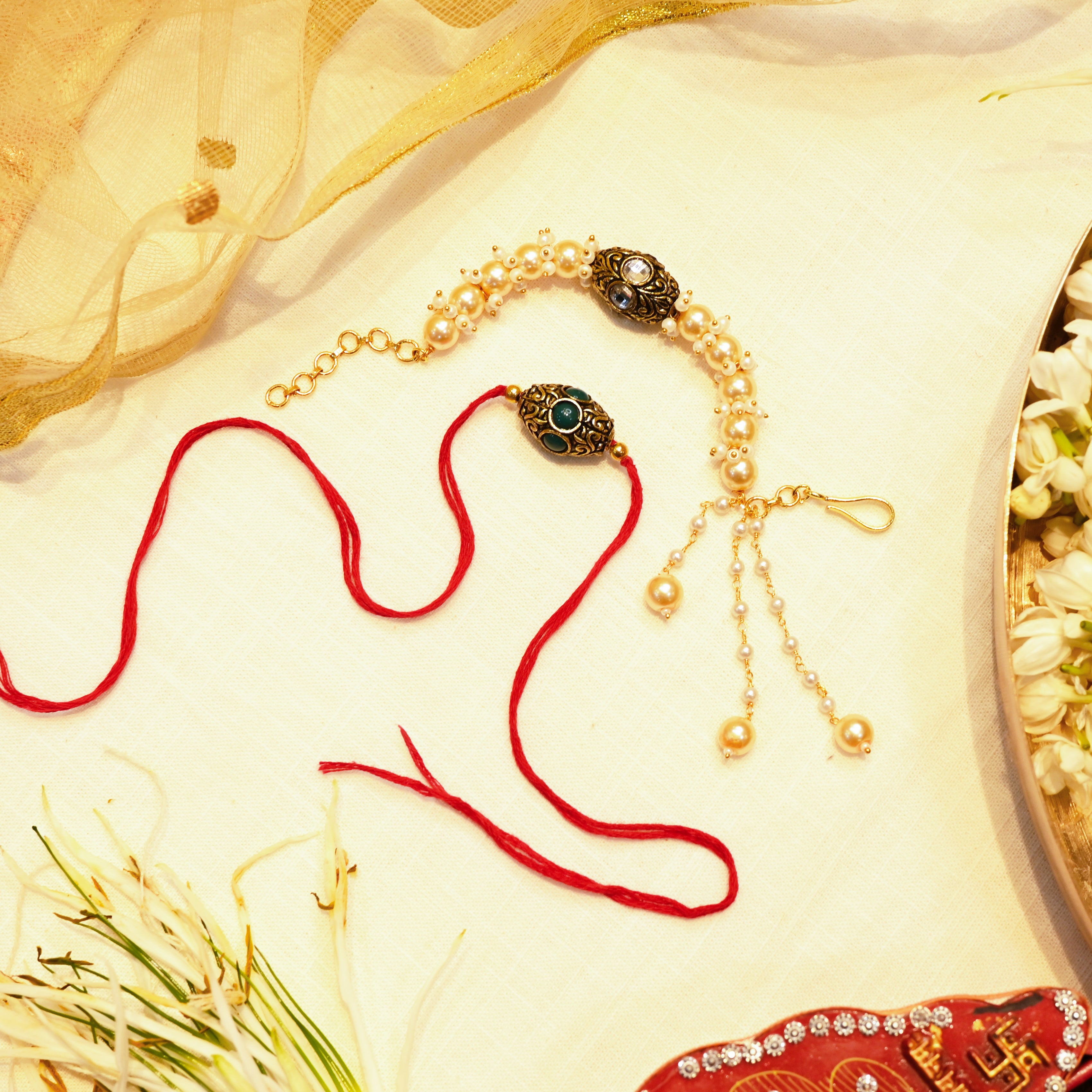 SJRB1007- White and Green Colour Gold Plated Beaded Couple Rakhi