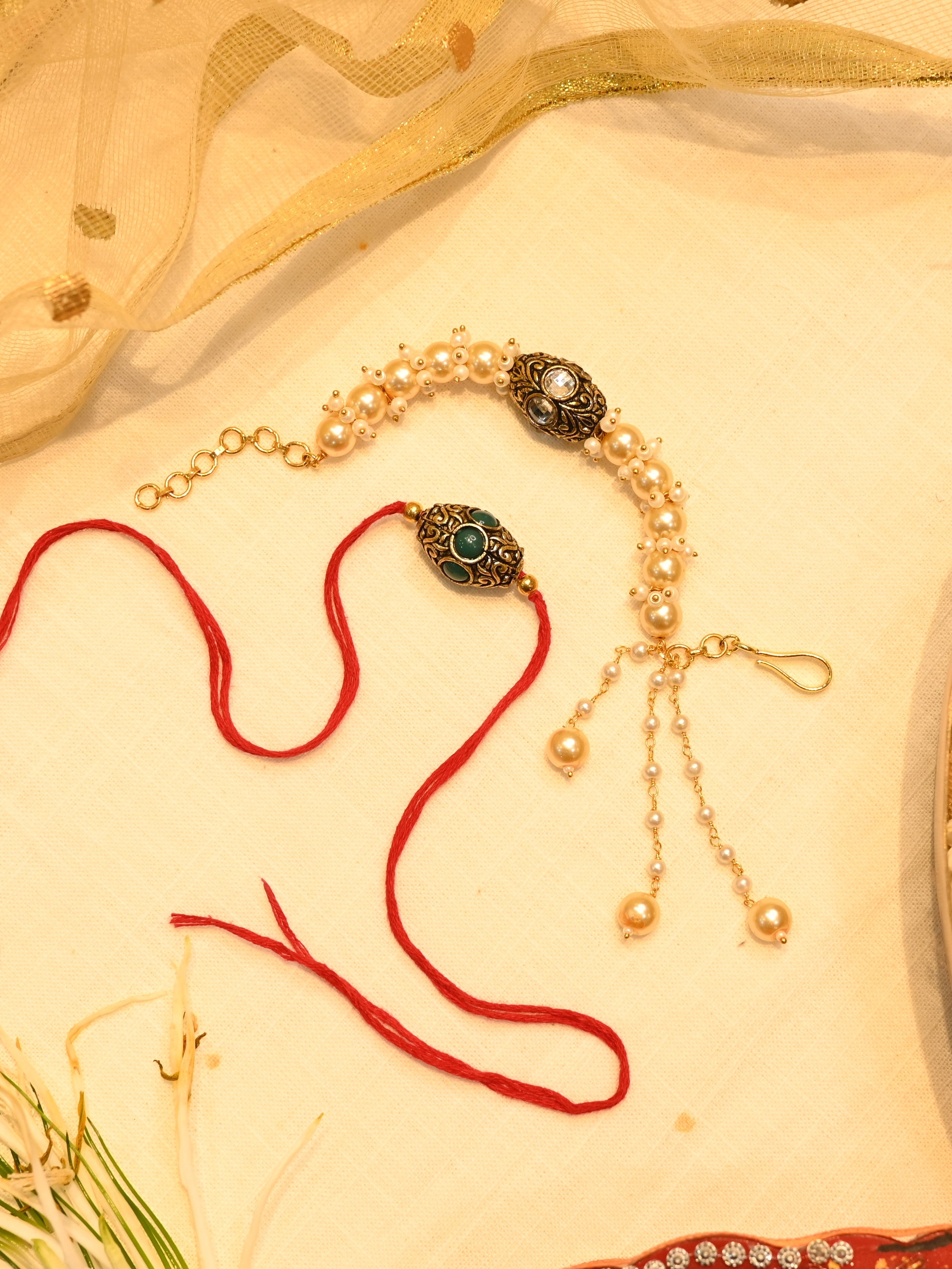SJRB1007- White and Green Colour Gold Plated Beaded Couple Rakhi