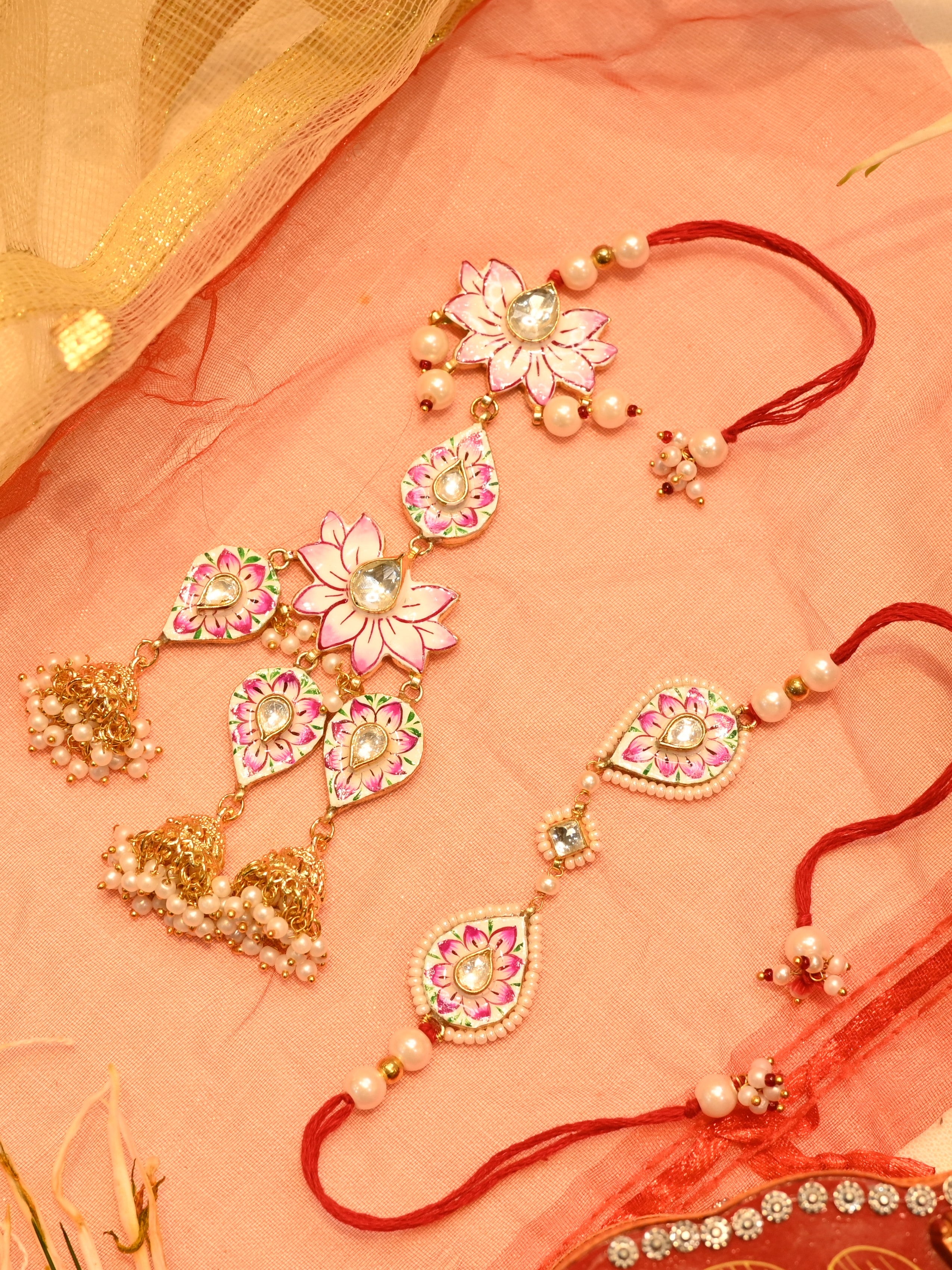 SJRB1008- Pink Colour Gold Plated Jadau Kudan Meenakari Couple Rakhi