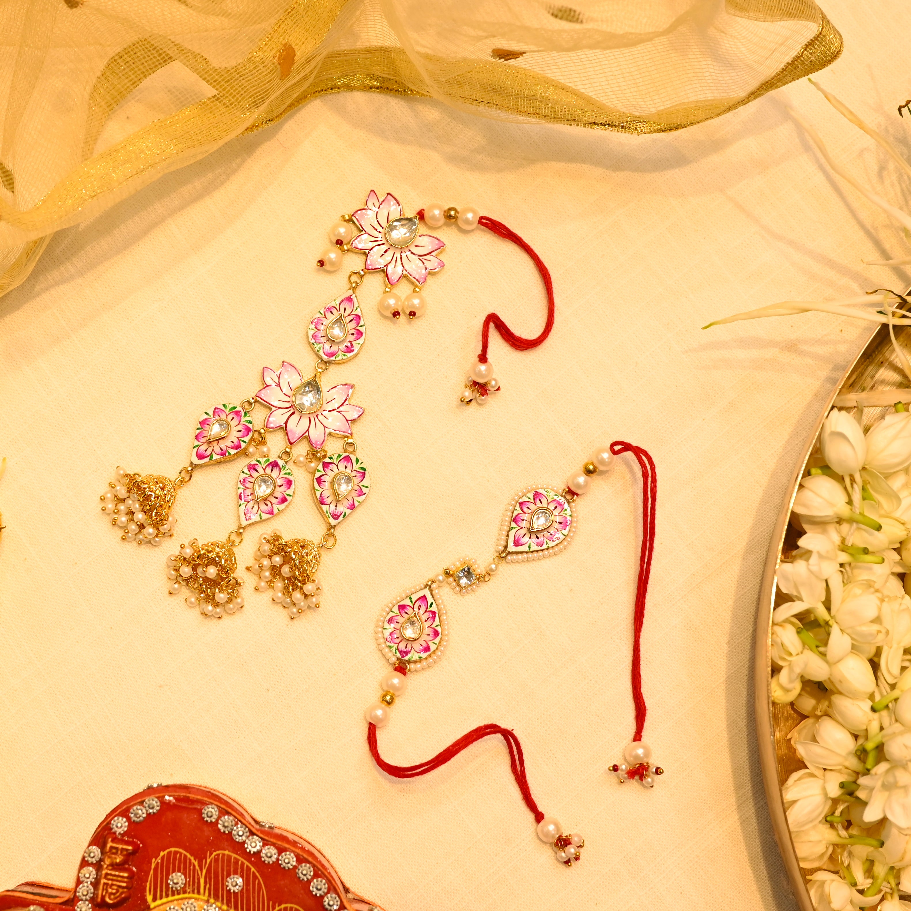 SJRB1008- Pink Colour Gold Plated Jadau Kudan Meenakari Couple Rakhi