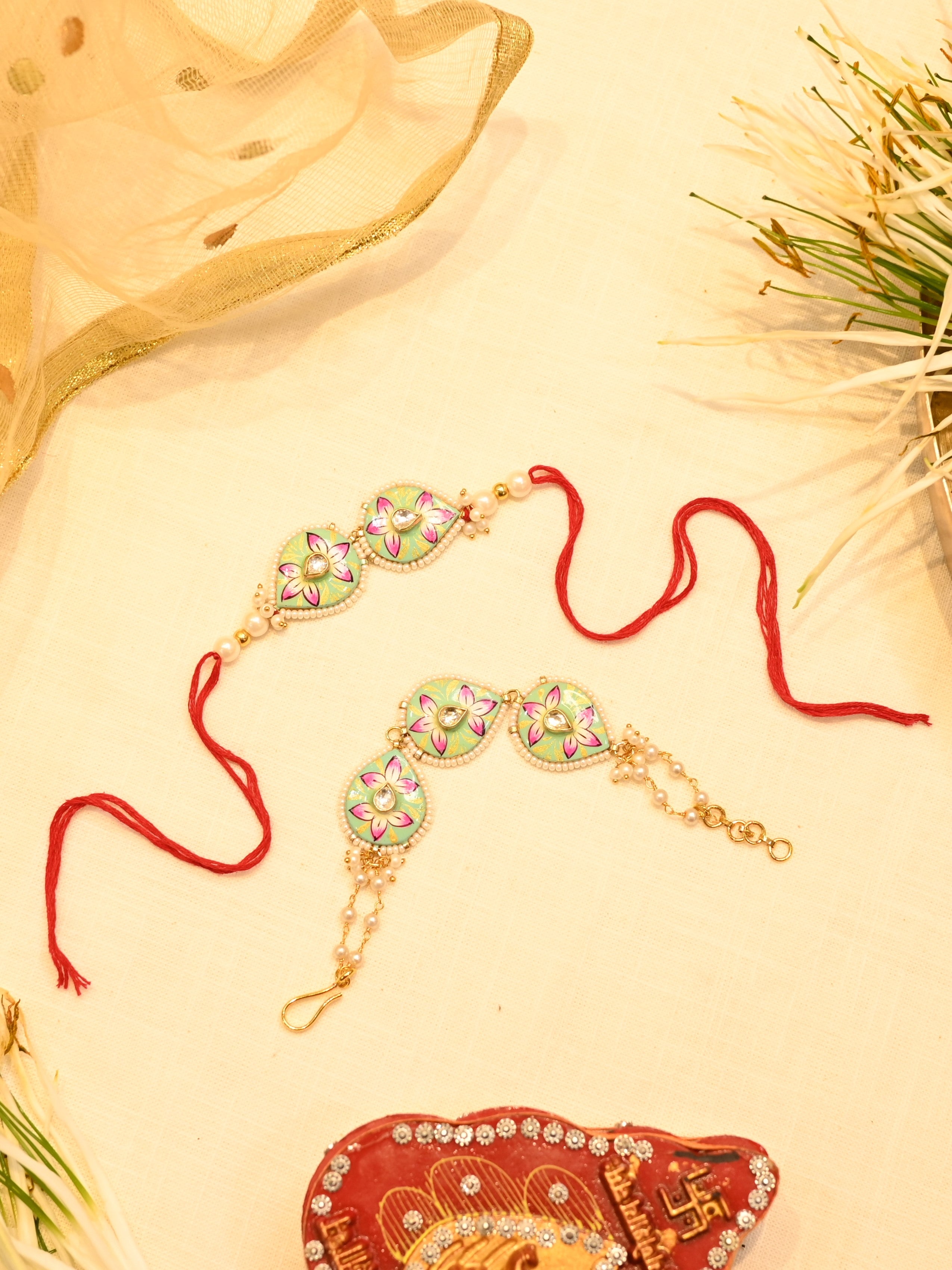 SJRB1009- Multi Colour Gold Plated Jadau Kundan Meenakari Couple Rakhi