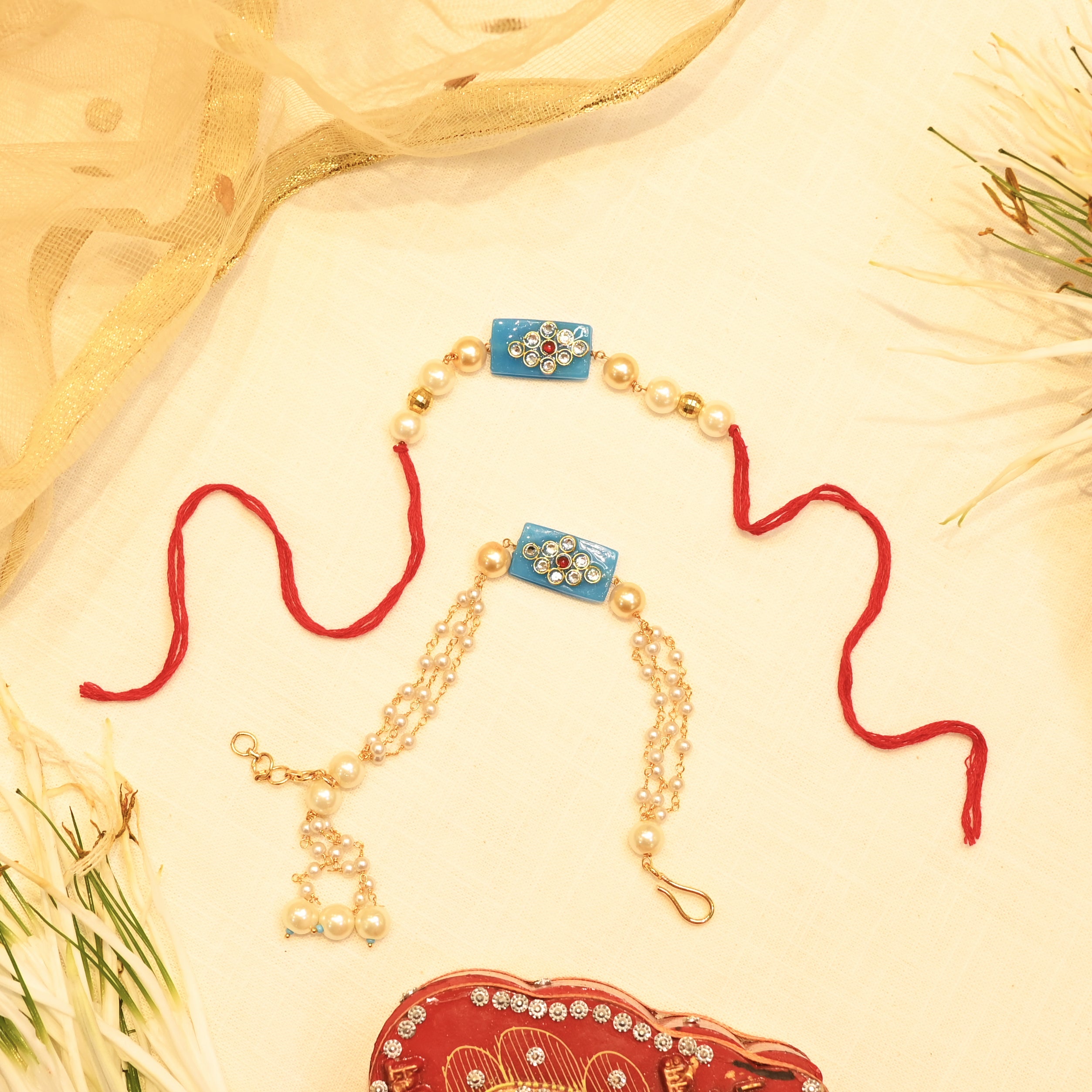SJRB1010- Blue Colour Gold Plated Beaded Couple Rakhi