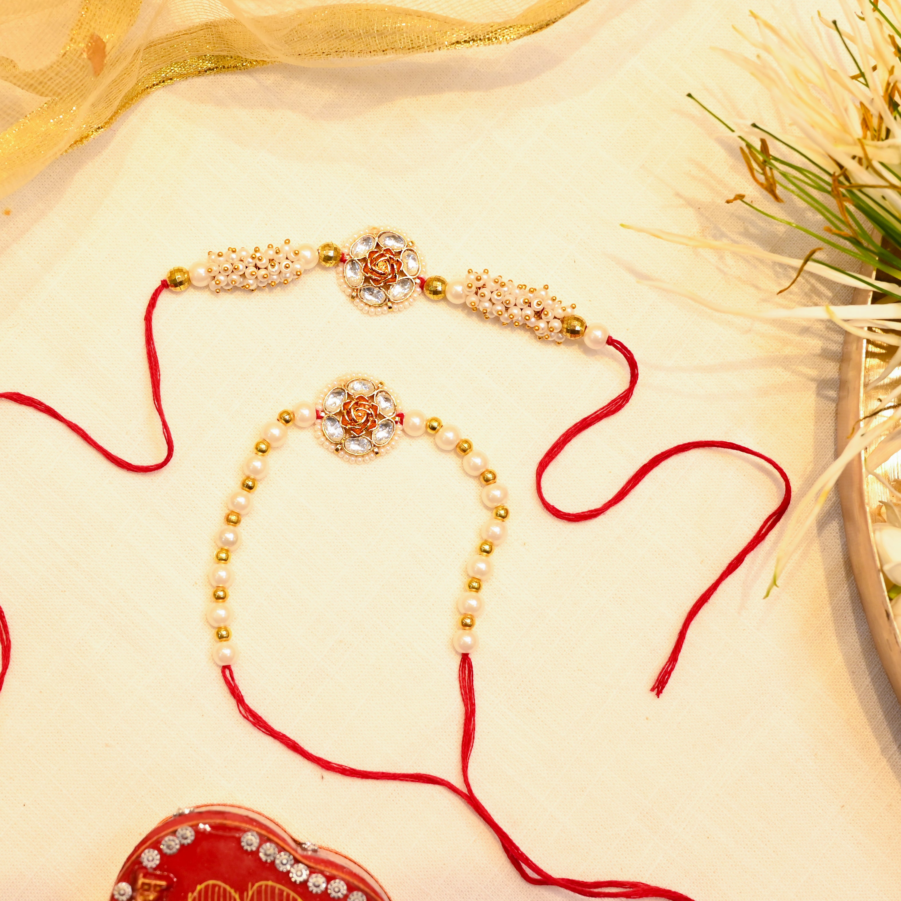 SJRB1012- White Colour Gold PLated Jadau Kundan Couple Flower Motif Rakhi