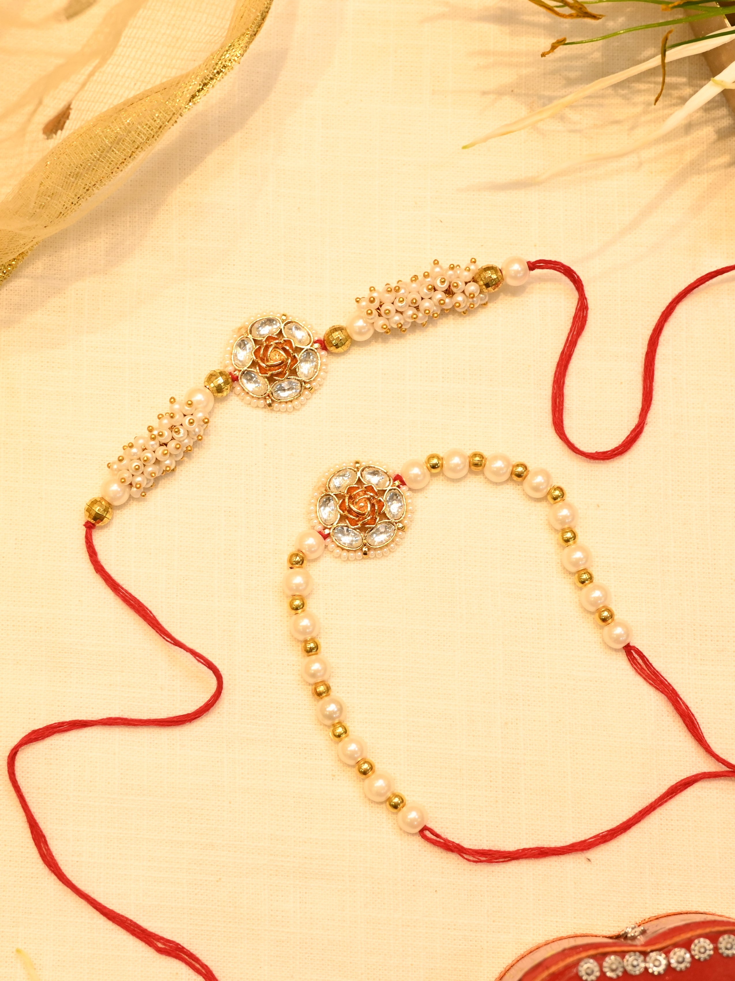 SJRB1012- White Colour Gold PLated Jadau Kundan Couple Flower Motif Rakhi