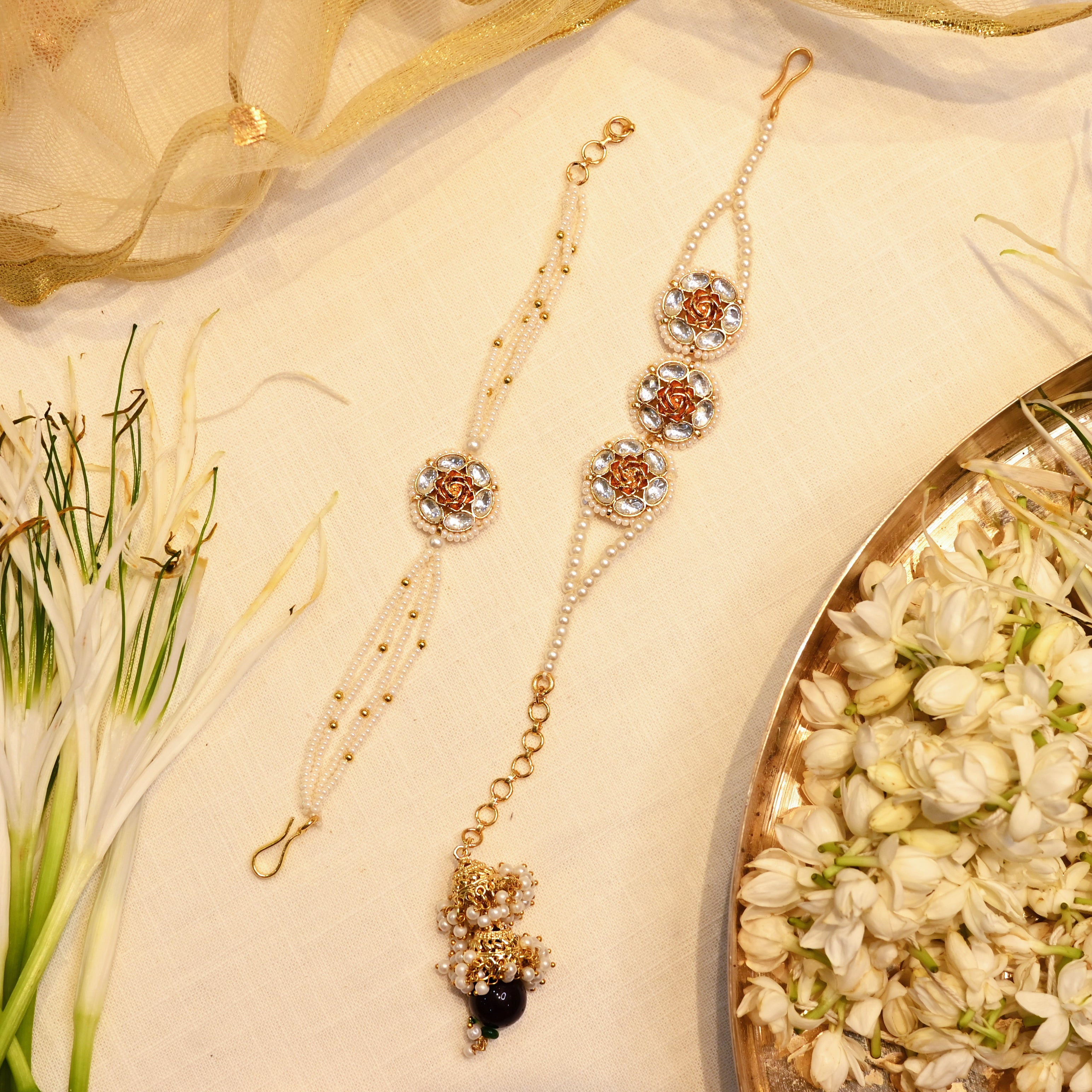 SJRB1013- White Colour Gold Plated Jadau Kundan Couple Flower Motif Rakhi