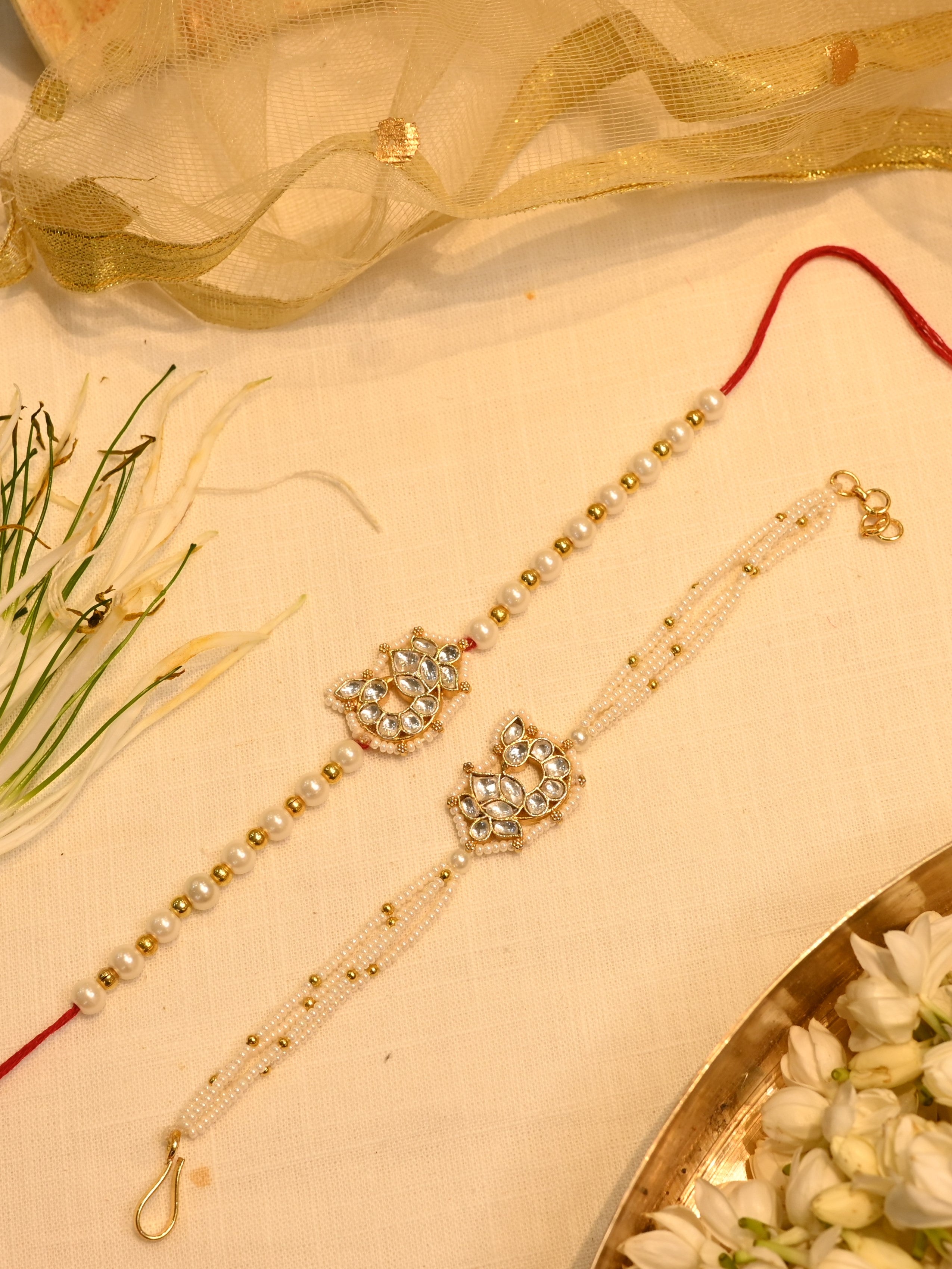 SJRB1005- White Colour Gold Plated Jadau Kundan Couple Peacock Motif Rakhi