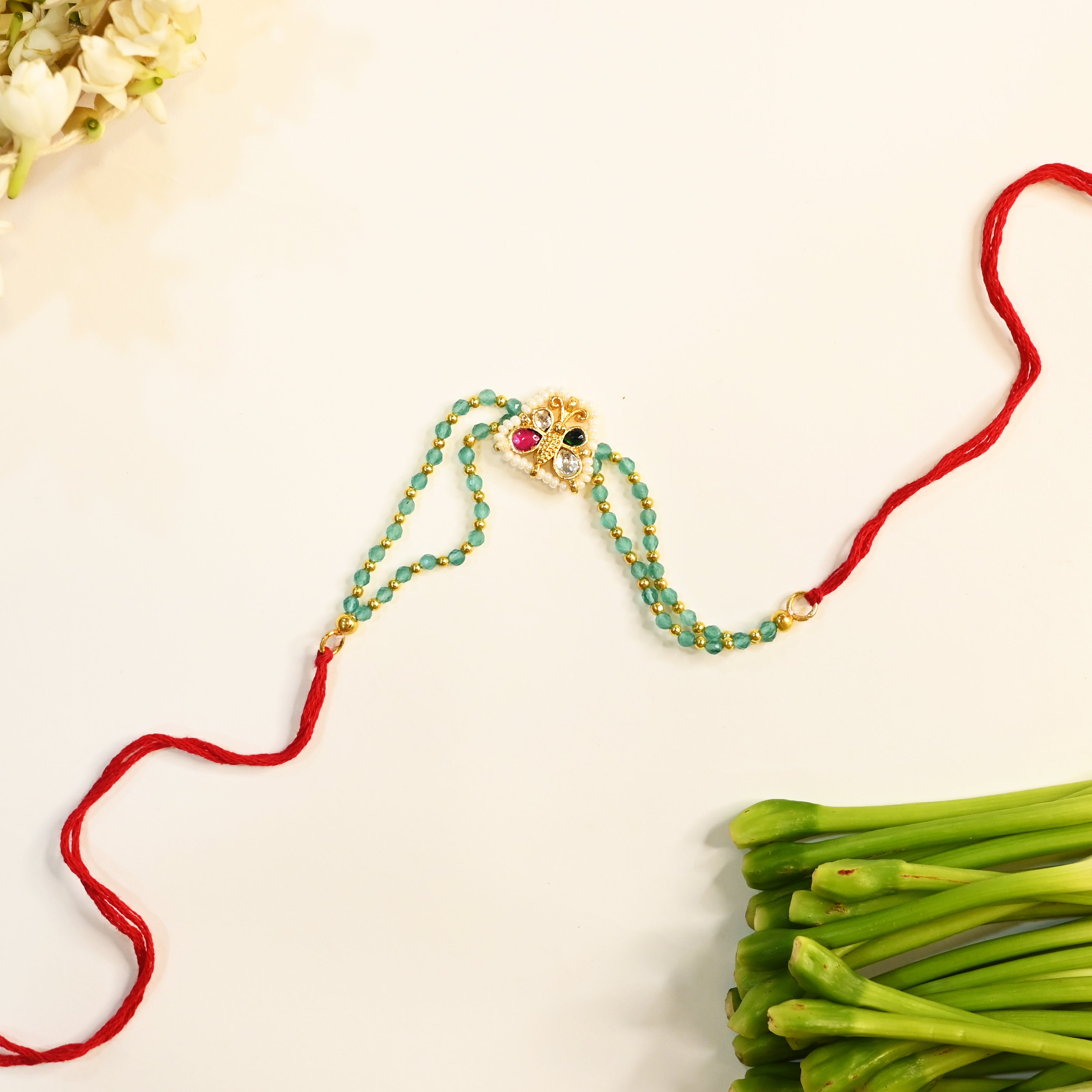SJRB1025- Multi Colour Gold Plated Jadau Kundan Butterfly Motif Rakhi