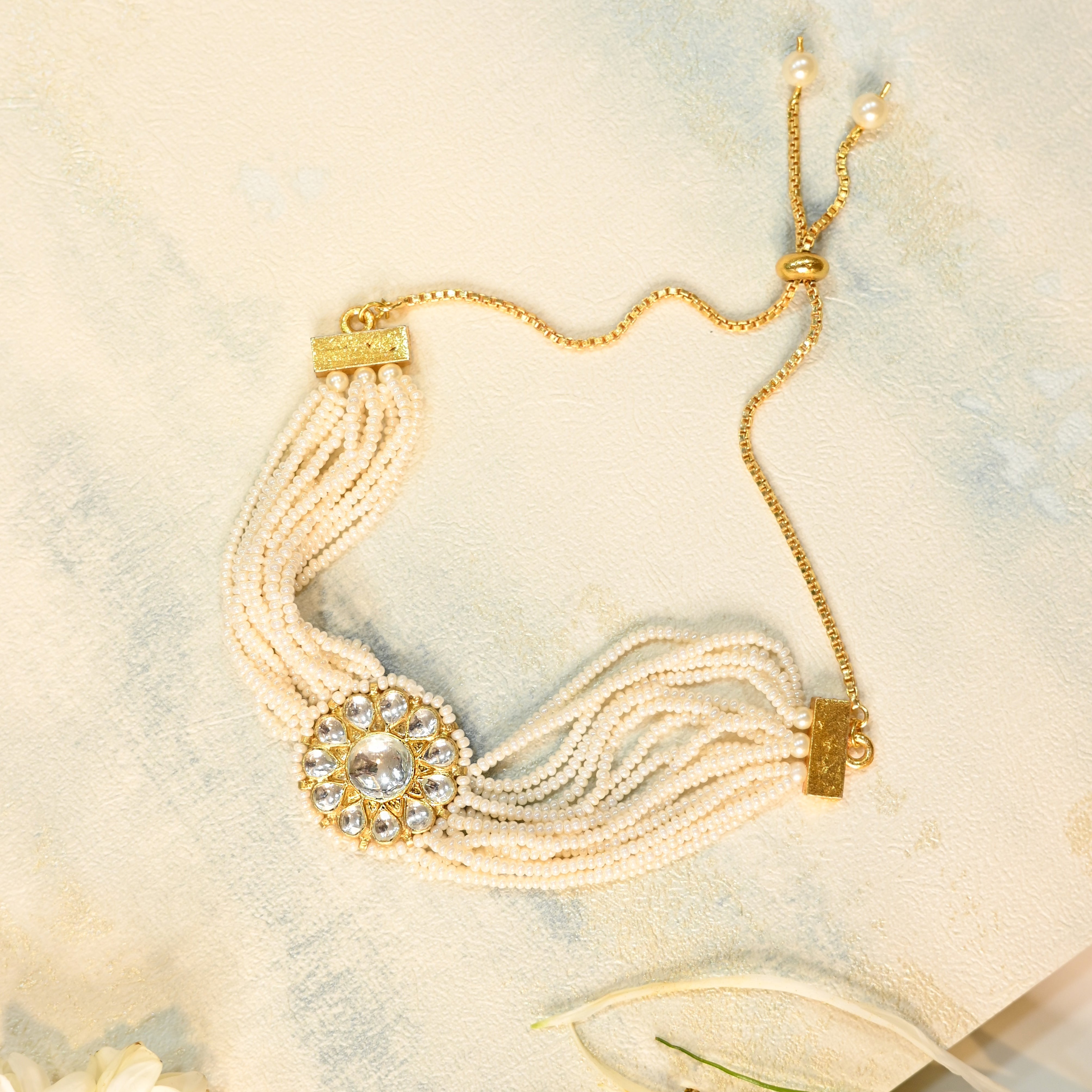 SJRB1016- White Colour Gold Plated Jadau Kundan Bracelet