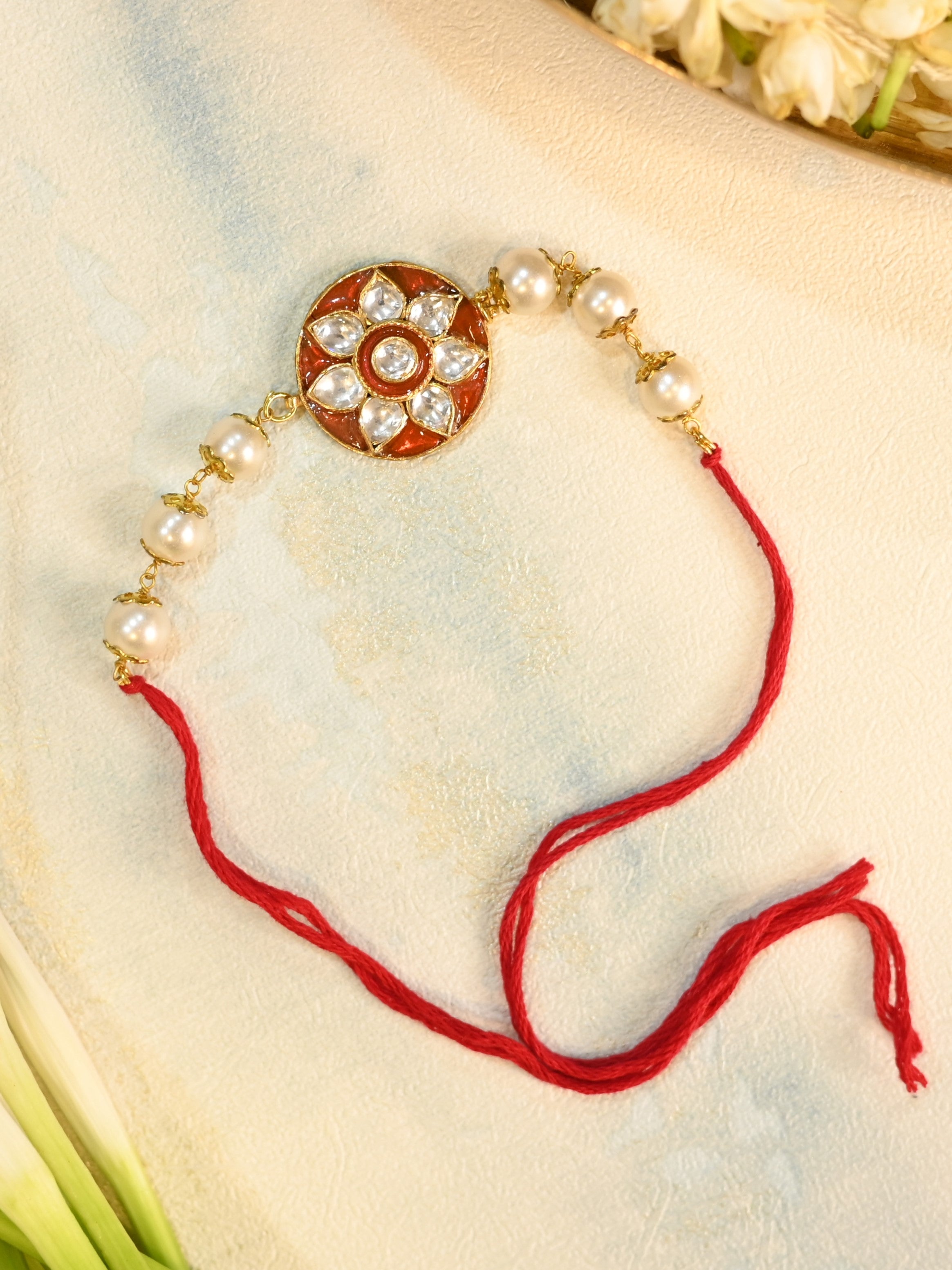 SJRB1019- Orange and White Colour Gold Plated Jadau Kundan Rakhi