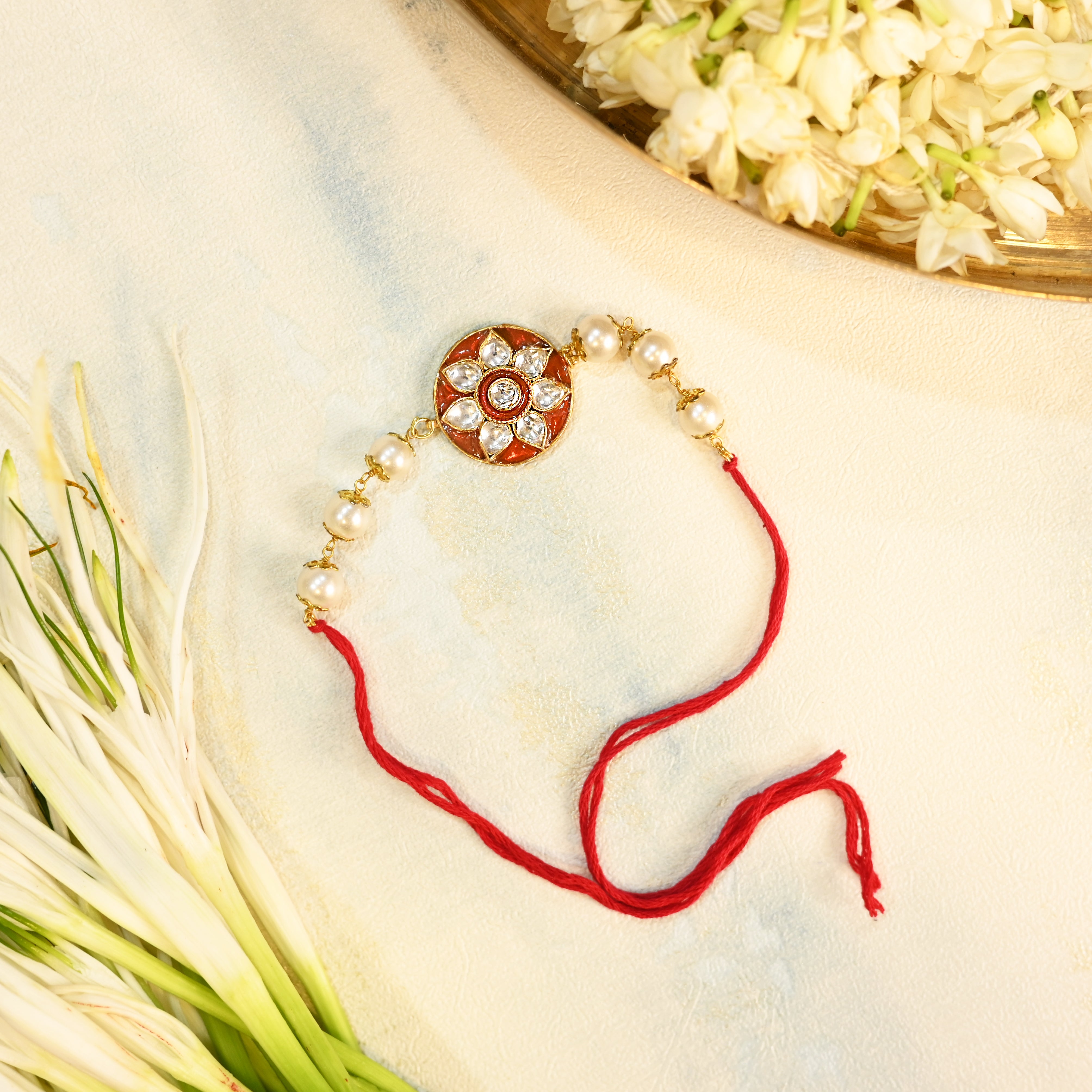 SJRB1019- Orange and White Colour Gold Plated Jadau Kundan Rakhi