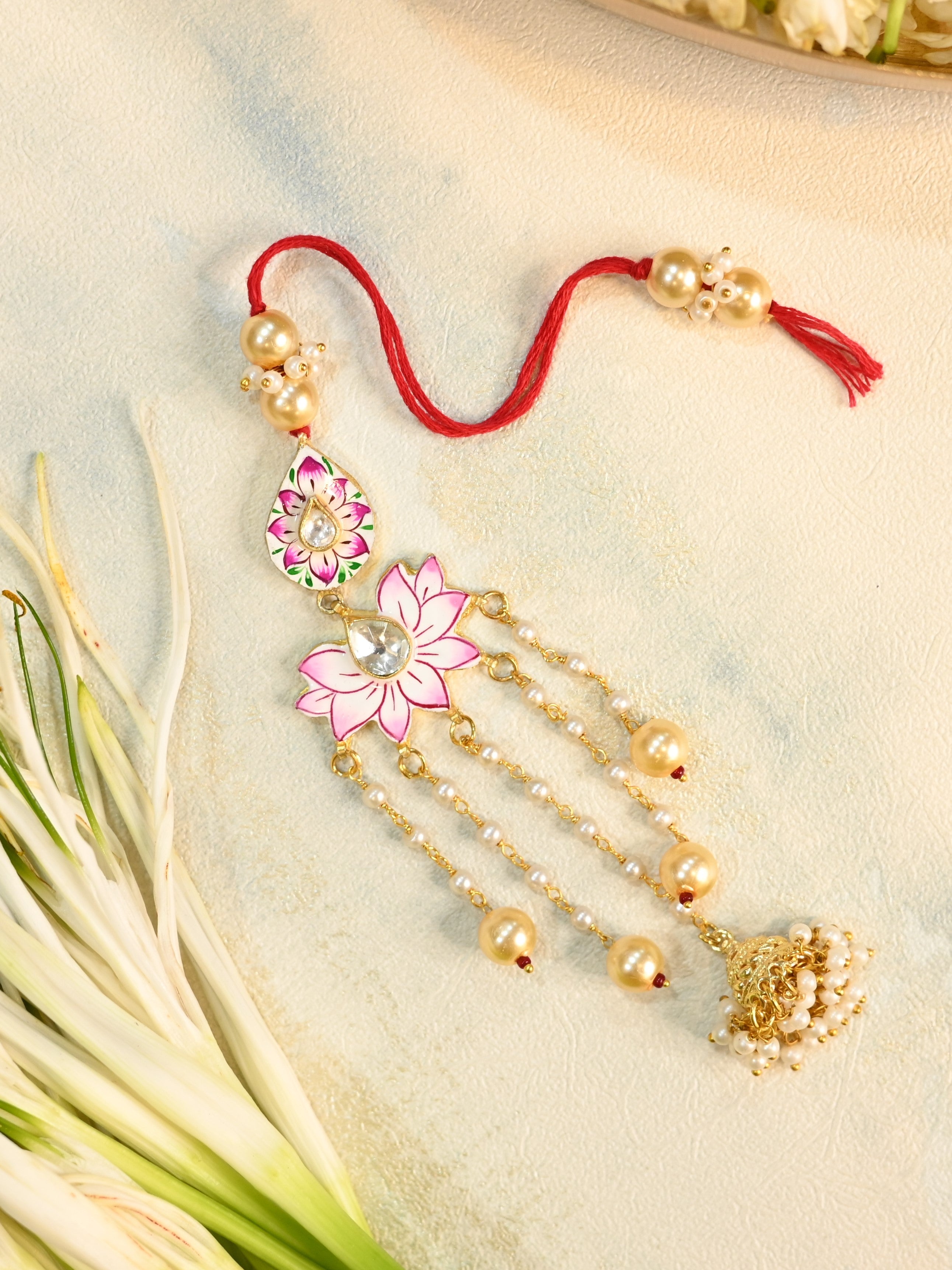SJRB1018- Pink Colour Gold Plated Jadau Kundan Meenakari Thread Rakhi