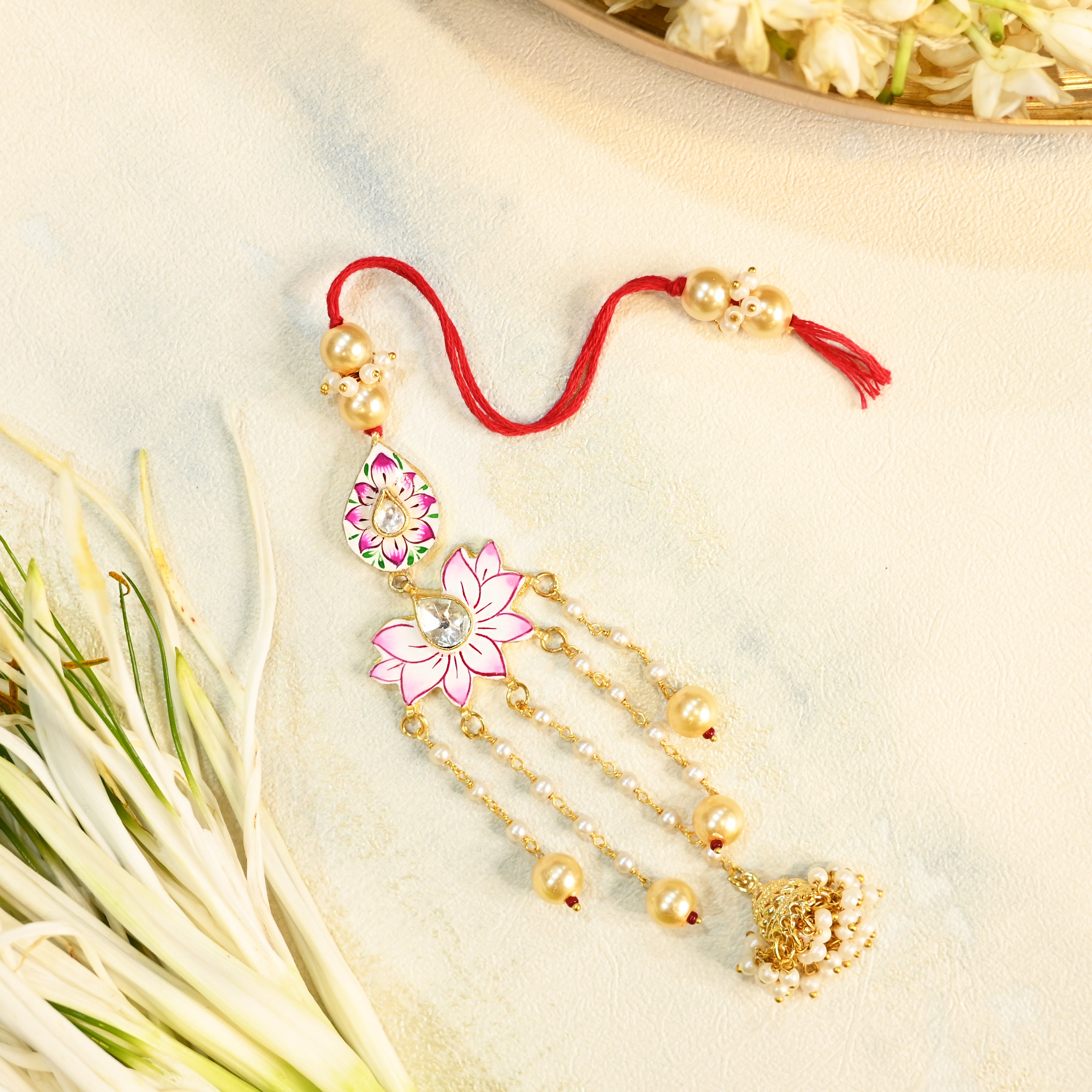 SJRB1018- Pink Colour Gold Plated Jadau Kundan Meenakari Thread Rakhi