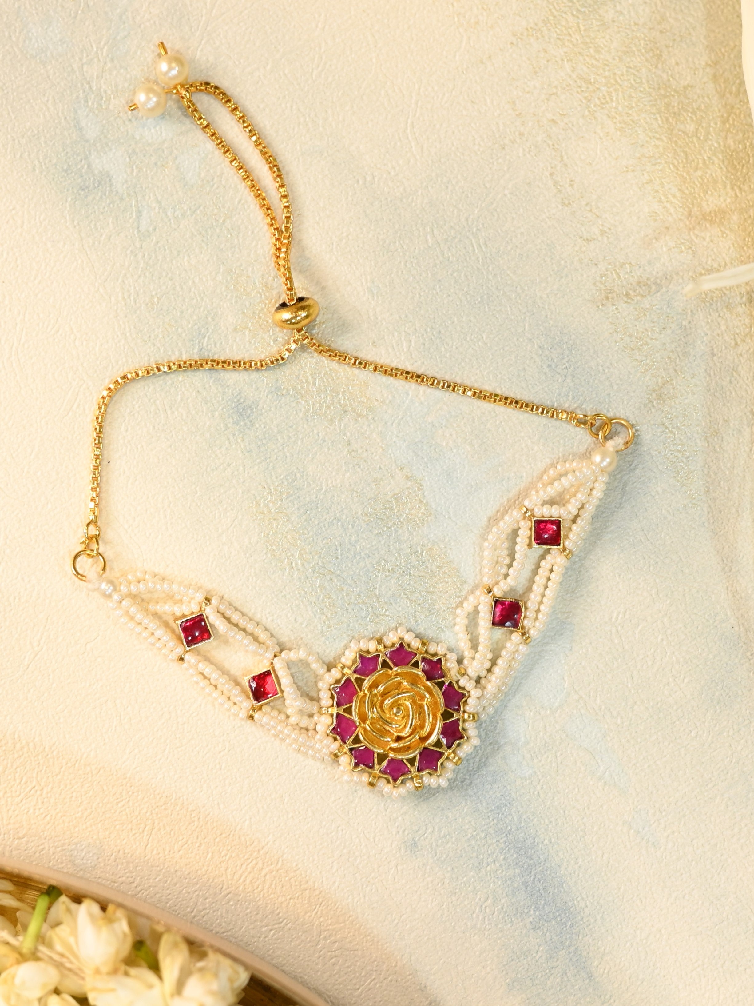 SJRB1017- Pink Colour Gold Plated Jadau Kundan Bracelet