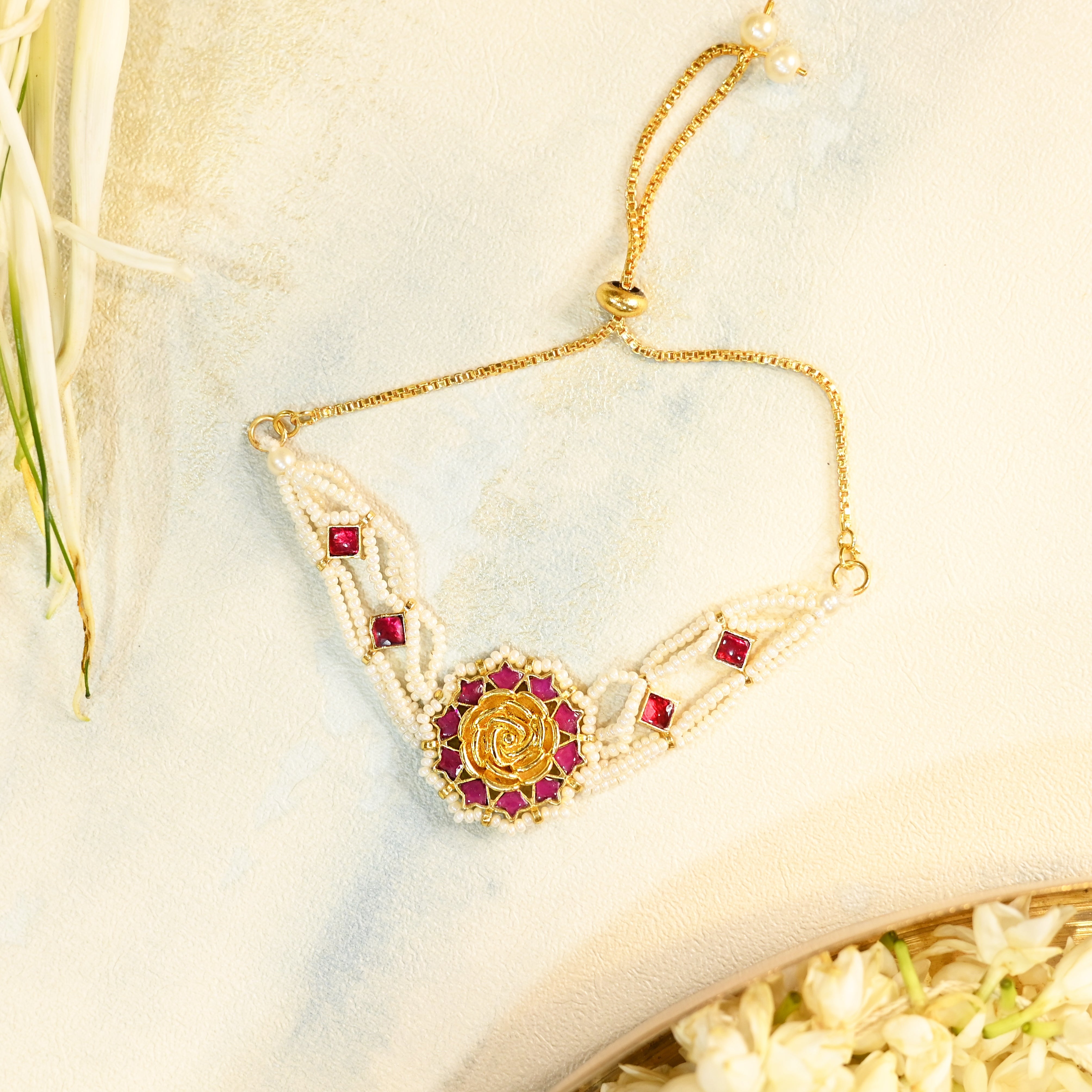 SJRB1017- Pink Colour Gold Plated Jadau Kundan Bracelet