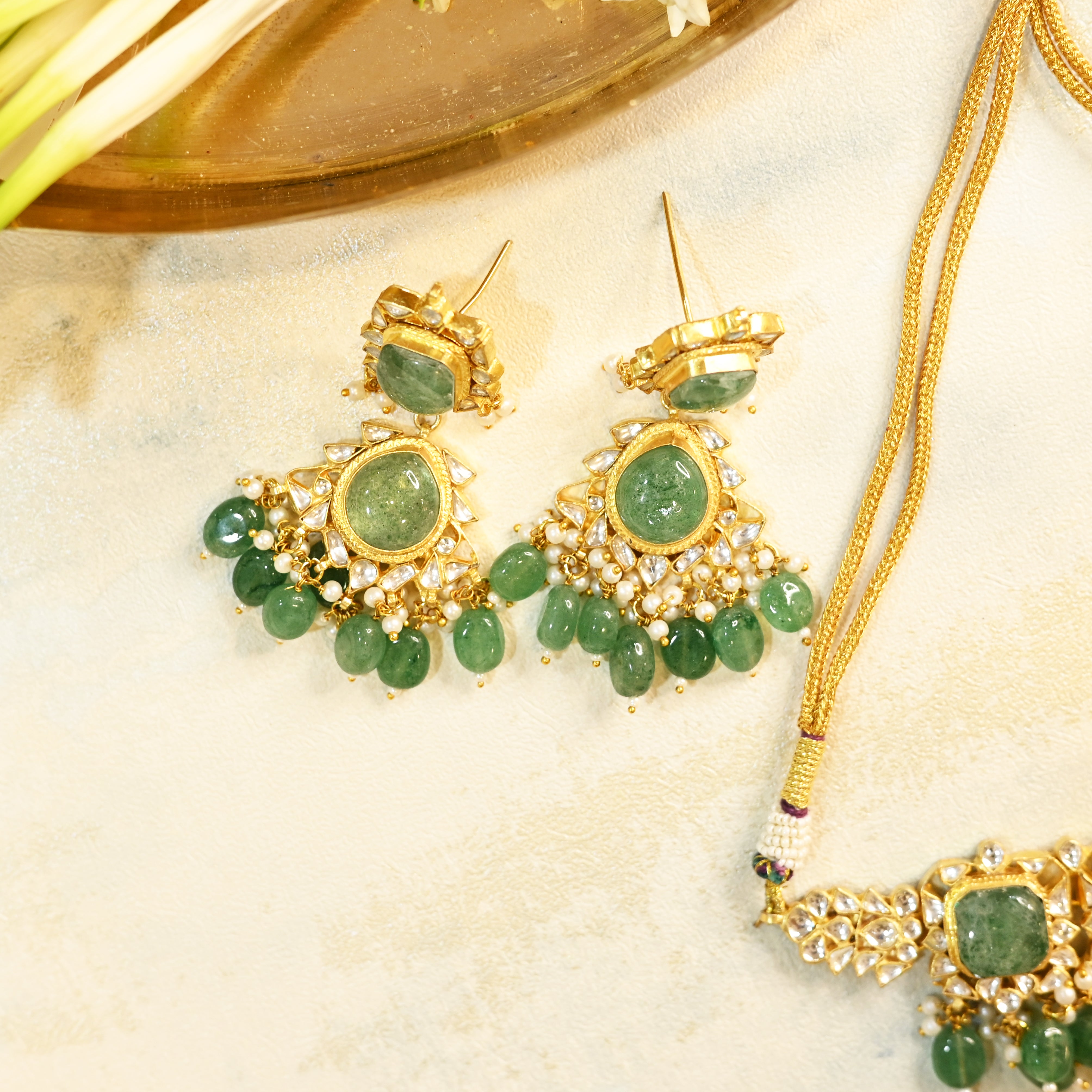 SJN1071- Green and White Colour Gold Plated Jadau Kundan Necklace Set with Tika