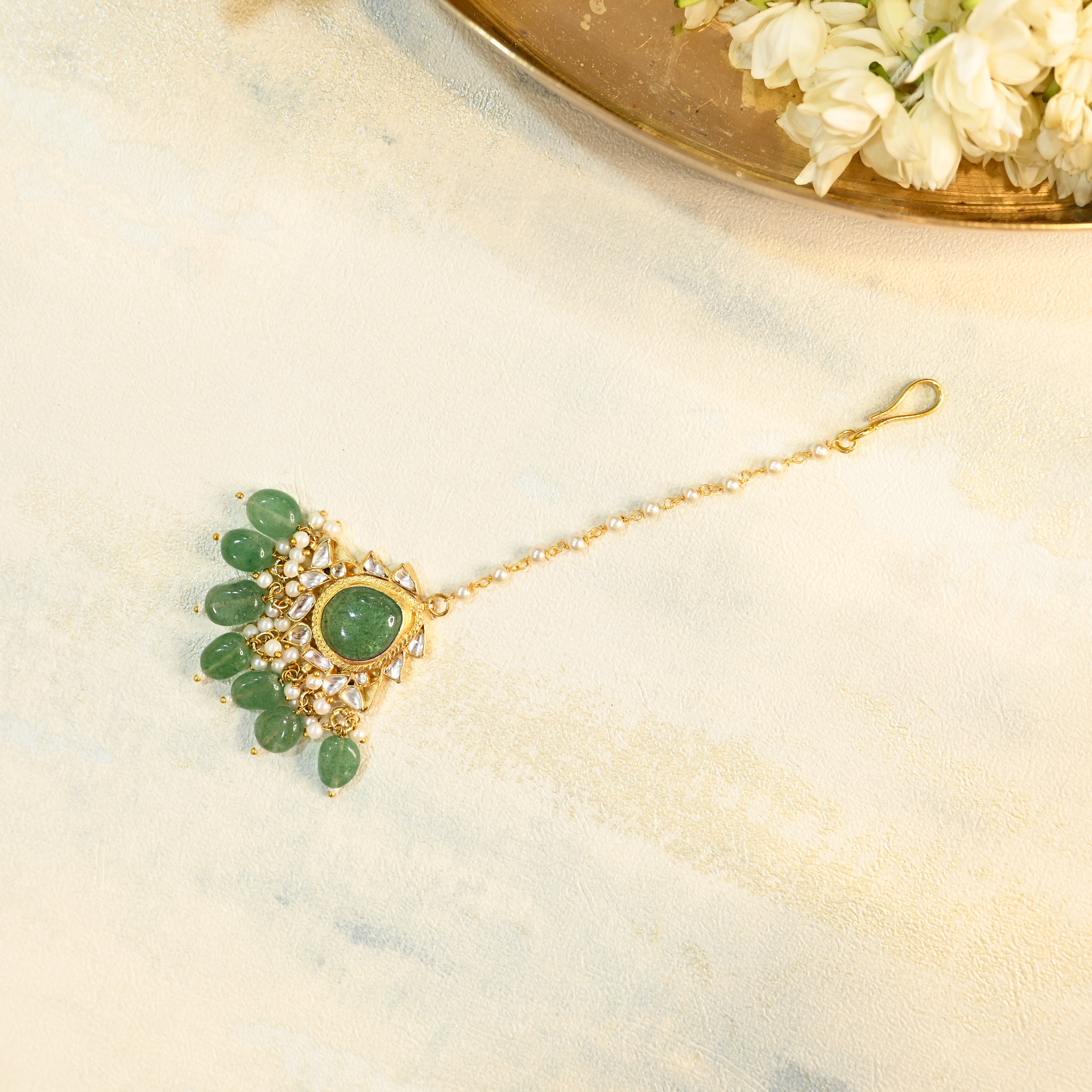 SJN1071- Green and White Colour Gold Plated Jadau Kundan Necklace Set with Tika