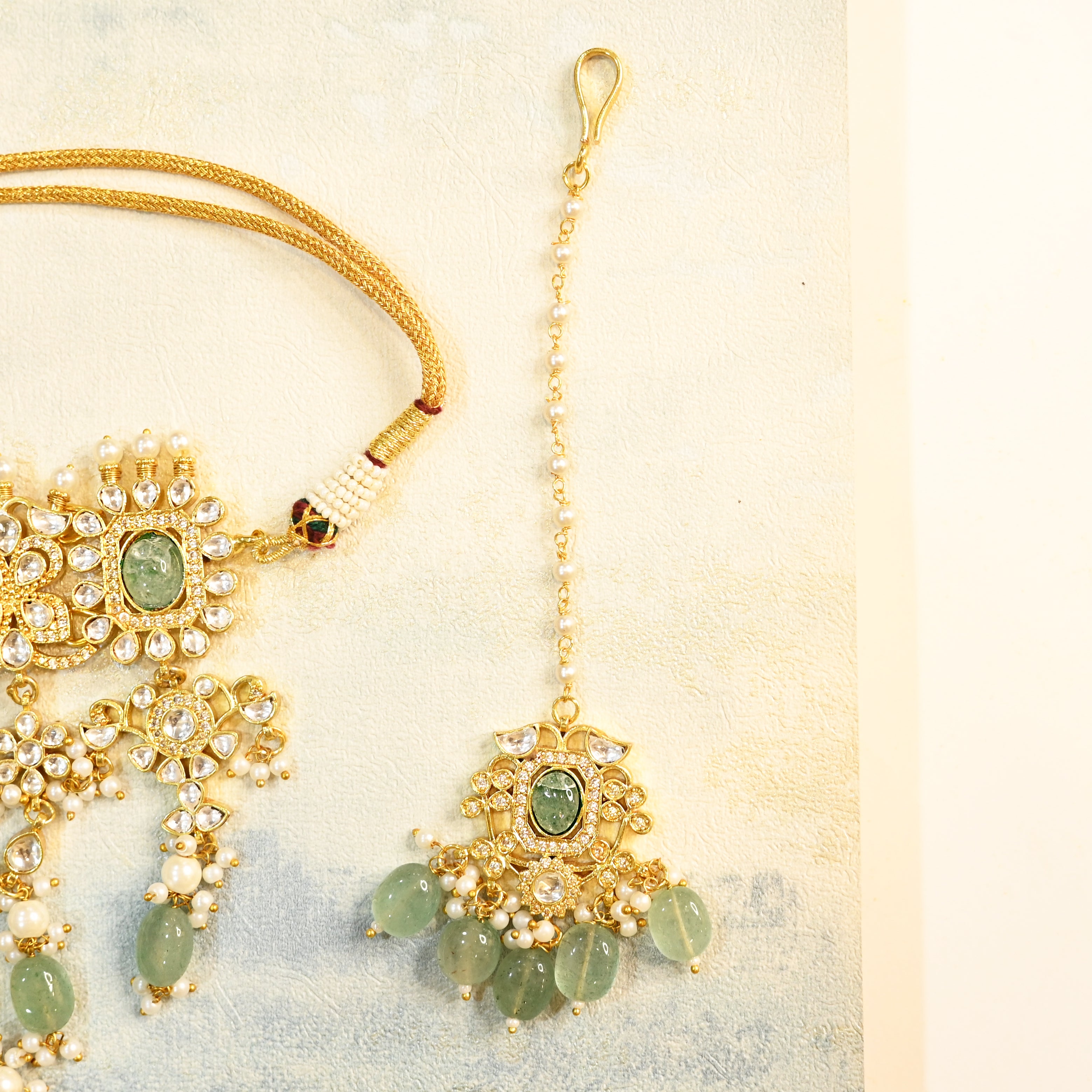 SJN1125- Green Colour Gold Plated Jadau Kundan Necklace Set with Tika