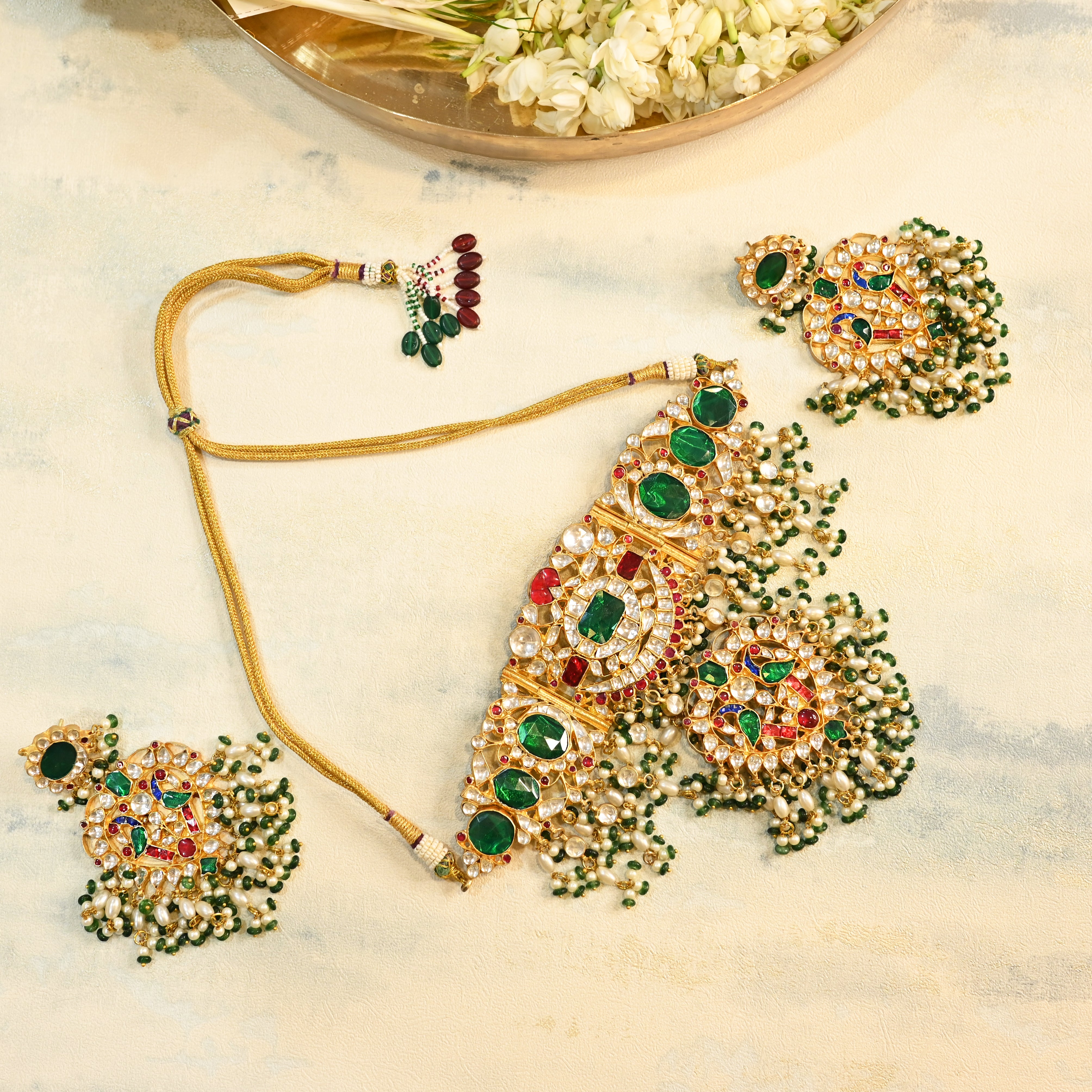 SJN1074- Multi Colour Gold Plated Jadau Kundan Choker with Earrings