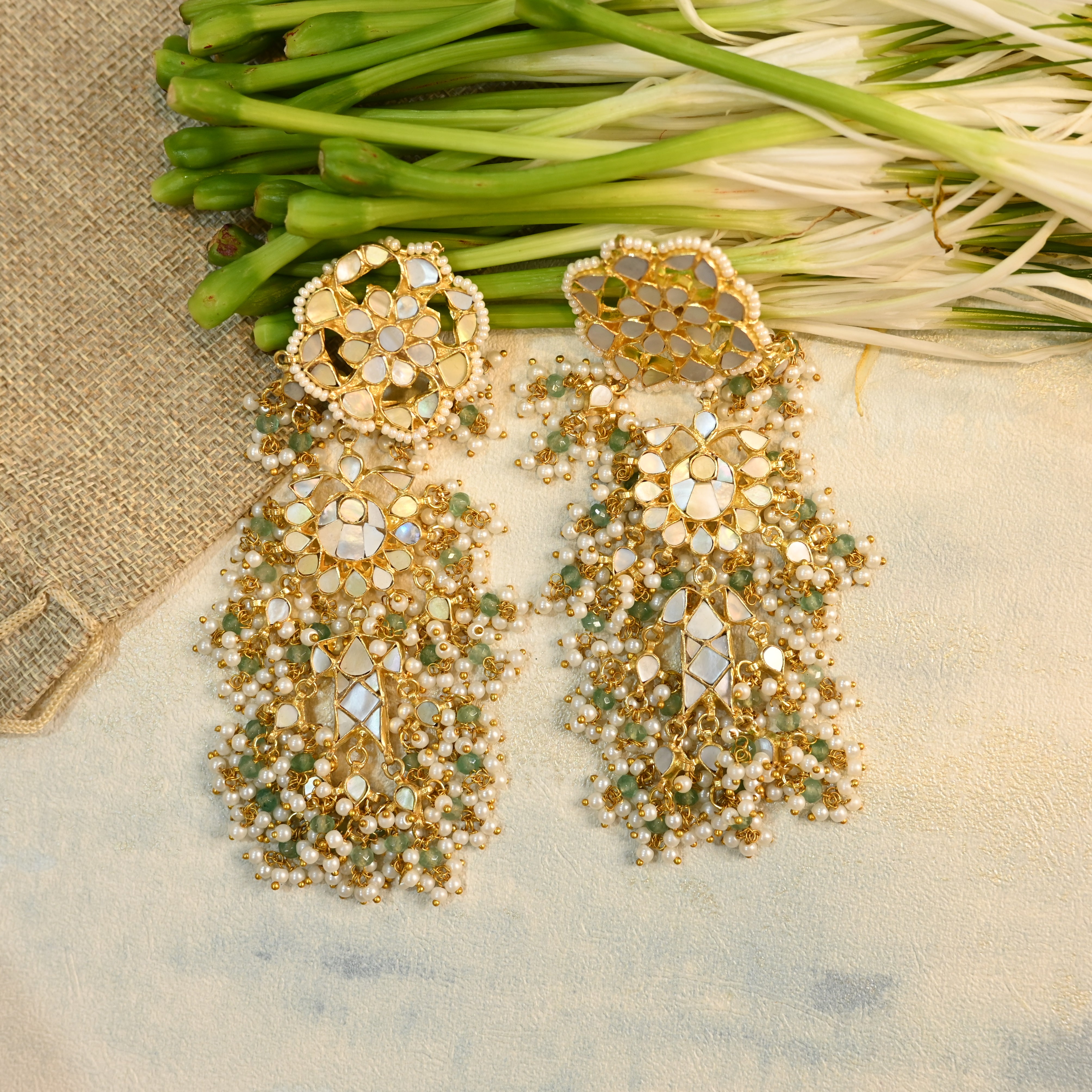 SJE1057- White Colour Gold Plated Mother of Pearl Dangler Earrings