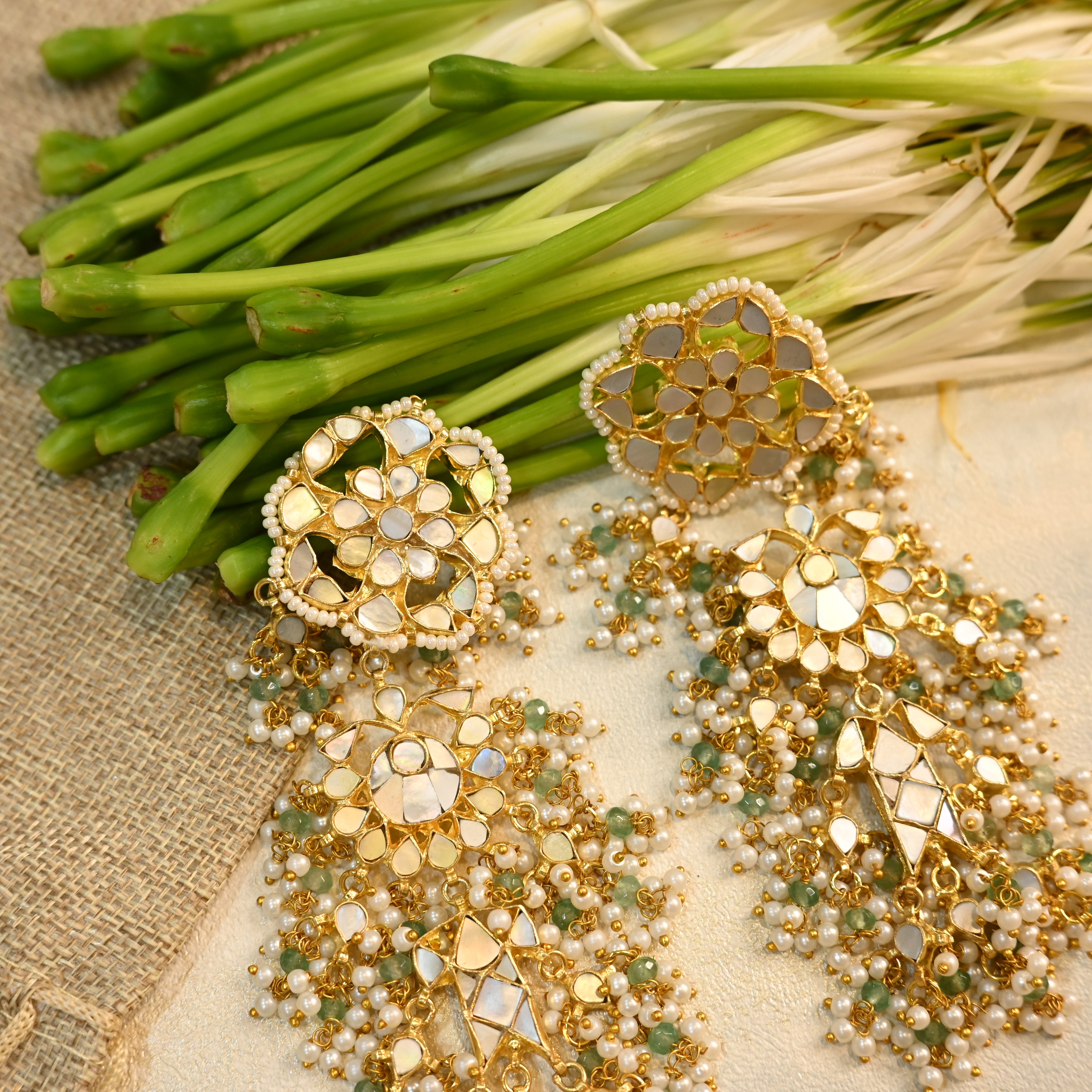 SJE1057- White Colour Gold Plated Mother of Pearl Dangler Earrings