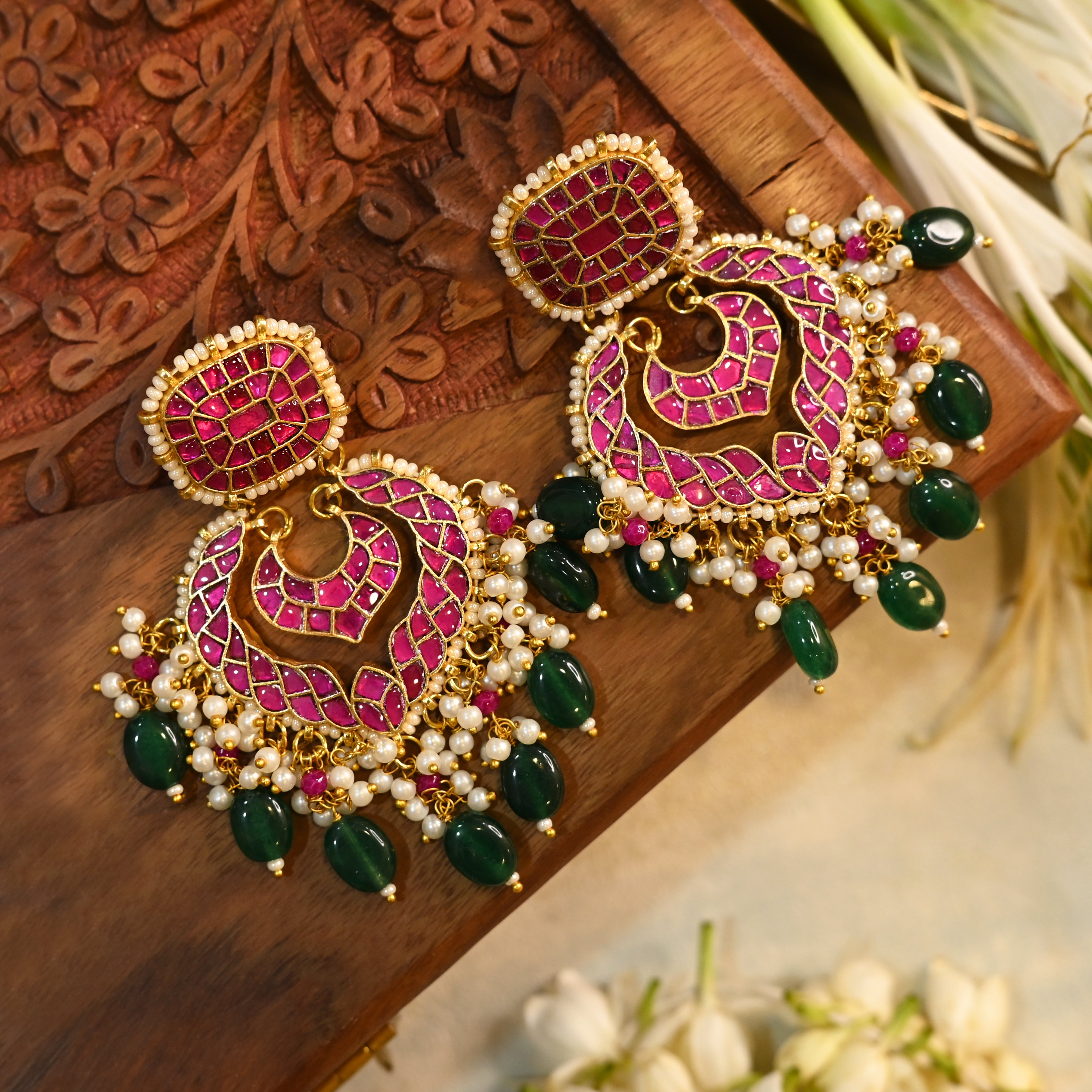 SJE1049- Pink Colour Gold Plated Jadau Kundan Chandbali Earrings