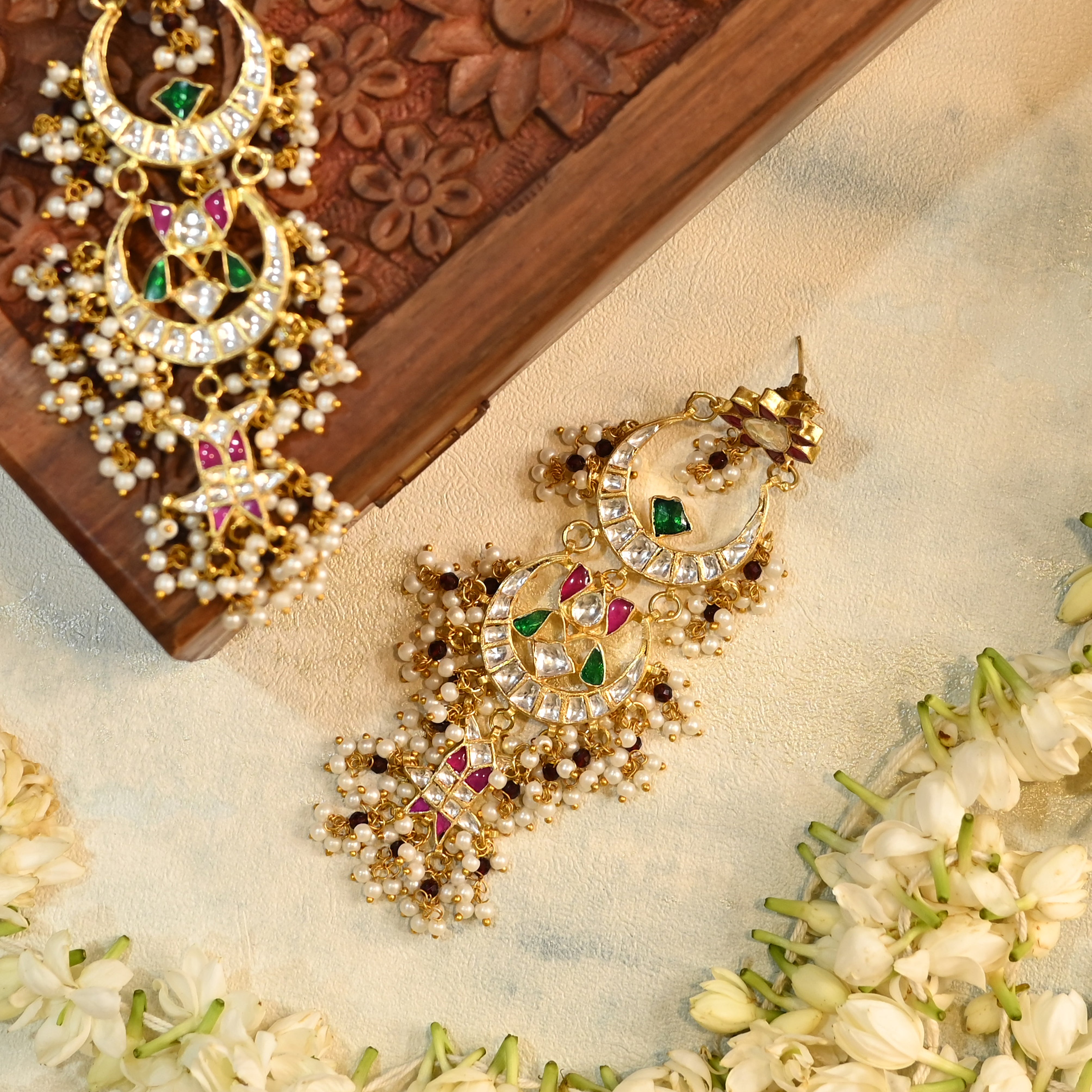 SJE1056- Multi Colour Gold Plated Jadu Kundan Dangler Earrings