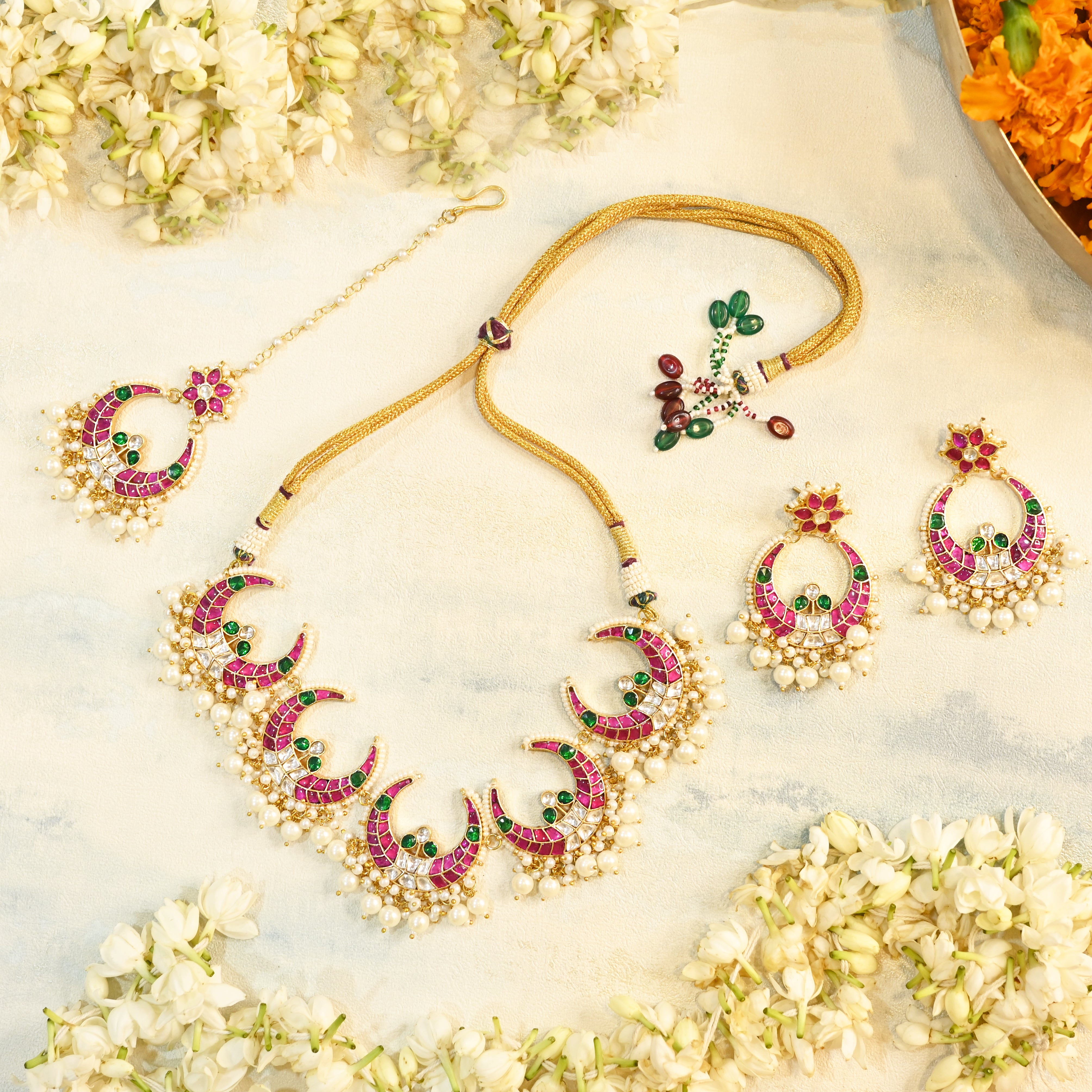 SJN1076- Multi Colour Gold Plated Jadau Kundan Choker Set with Tika