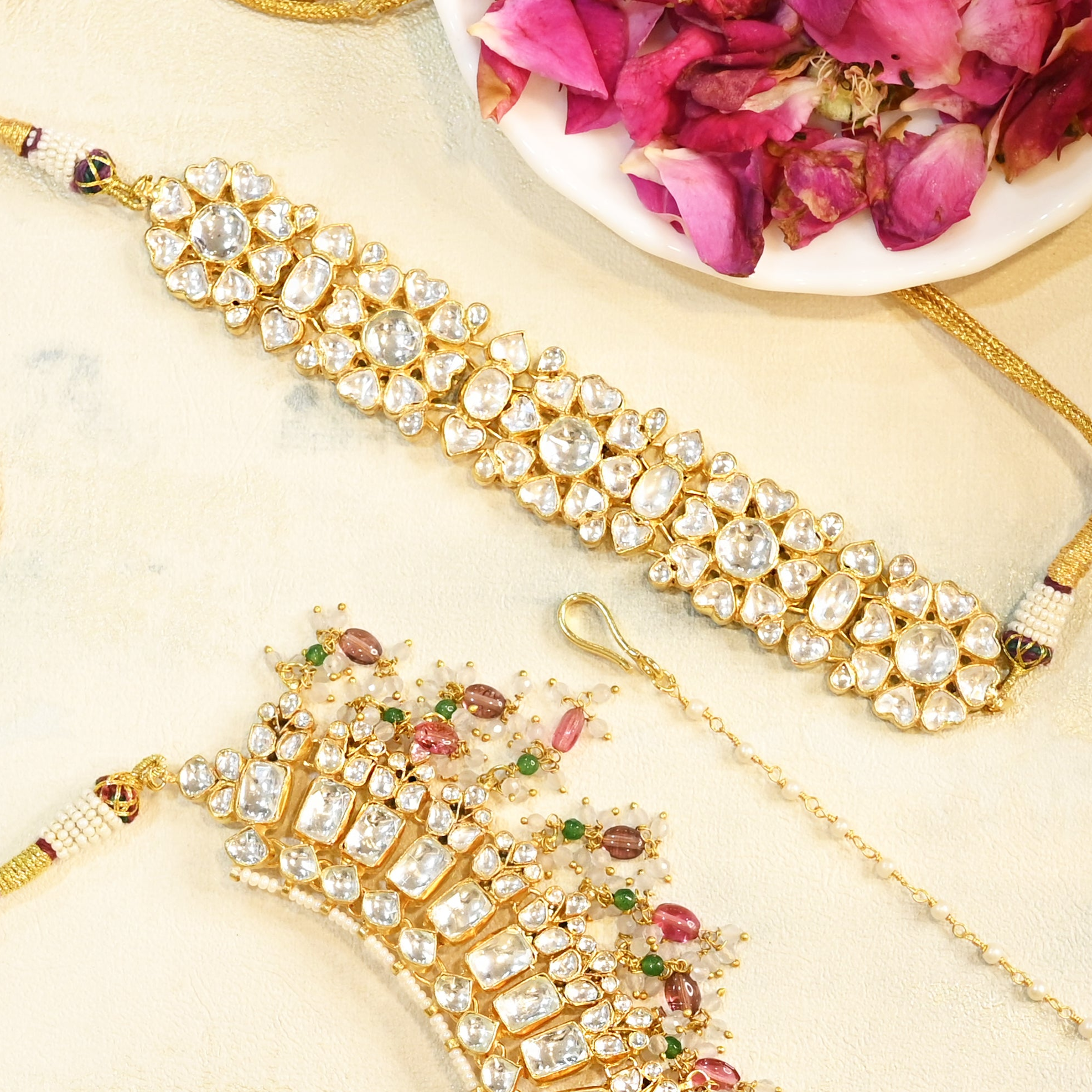 SJN1077- White Colour Gold Plated Jadau Kundan Necklace Set with Tika