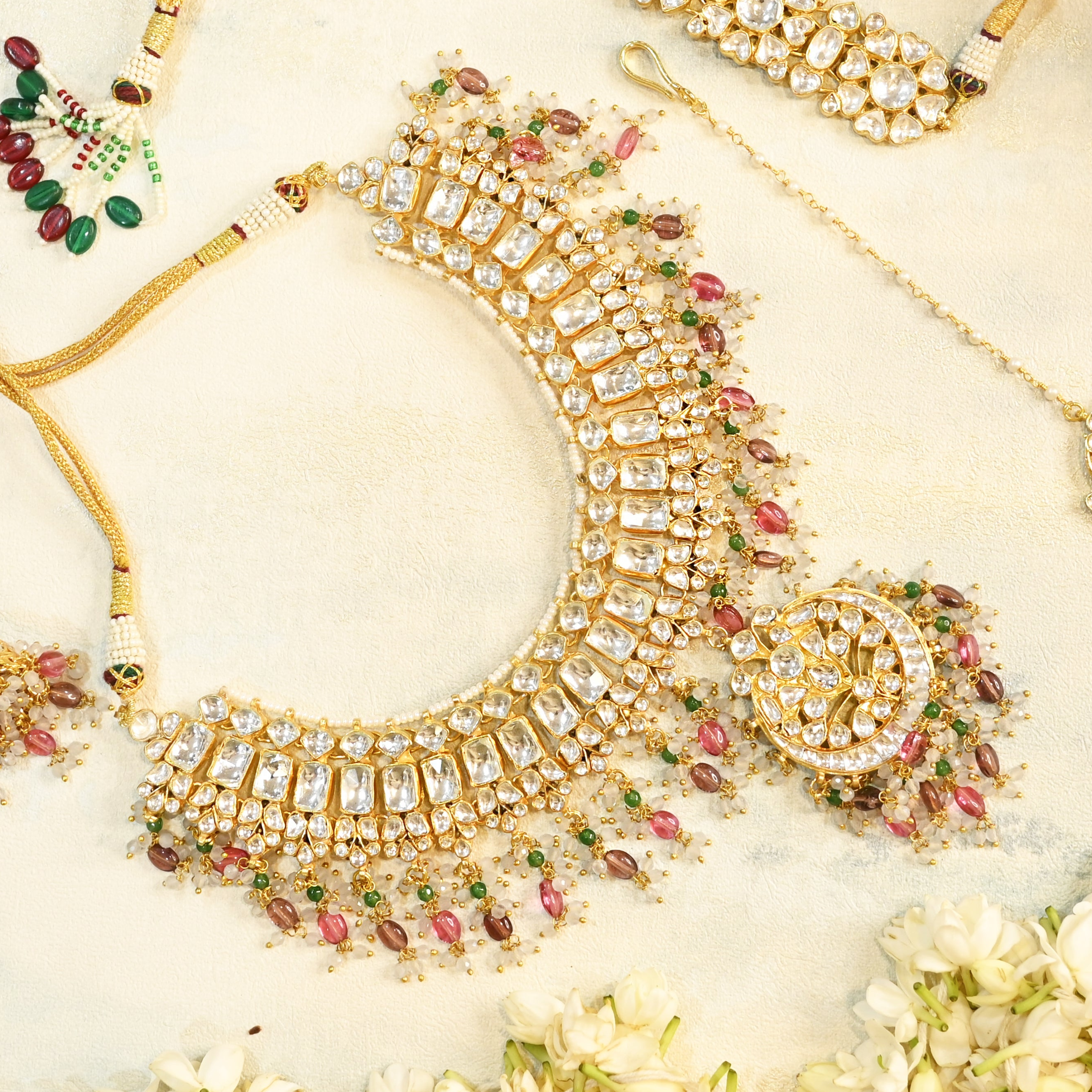 SJN1077- White Colour Gold Plated Jadau Kundan Necklace Set with Tika