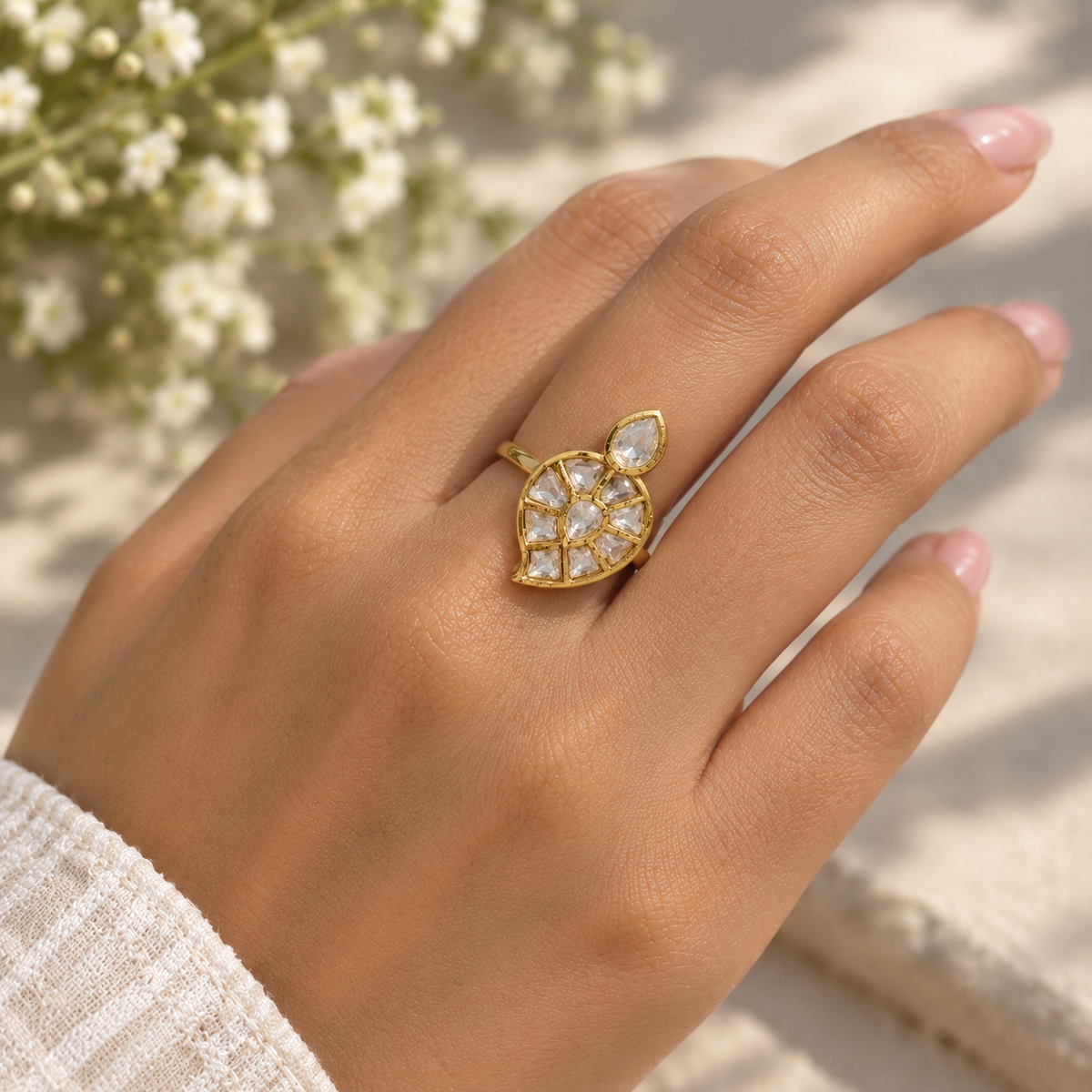 SJR0013- White Colour Gold Plated Jadau Kundan Ring