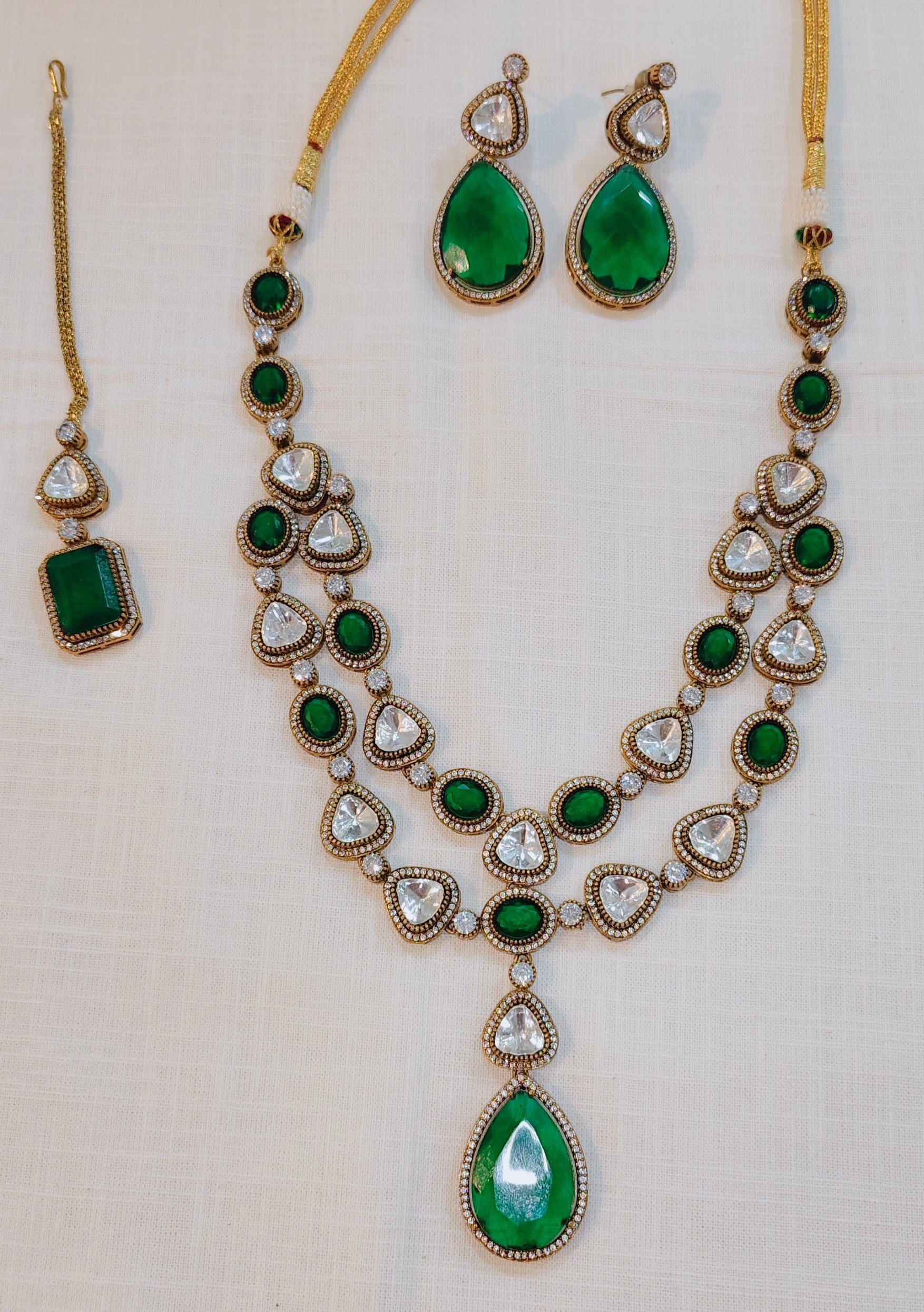 Green Colour Gold Plated Uncut Necklace with Earrings and Tika wore by Priyanka Sharma