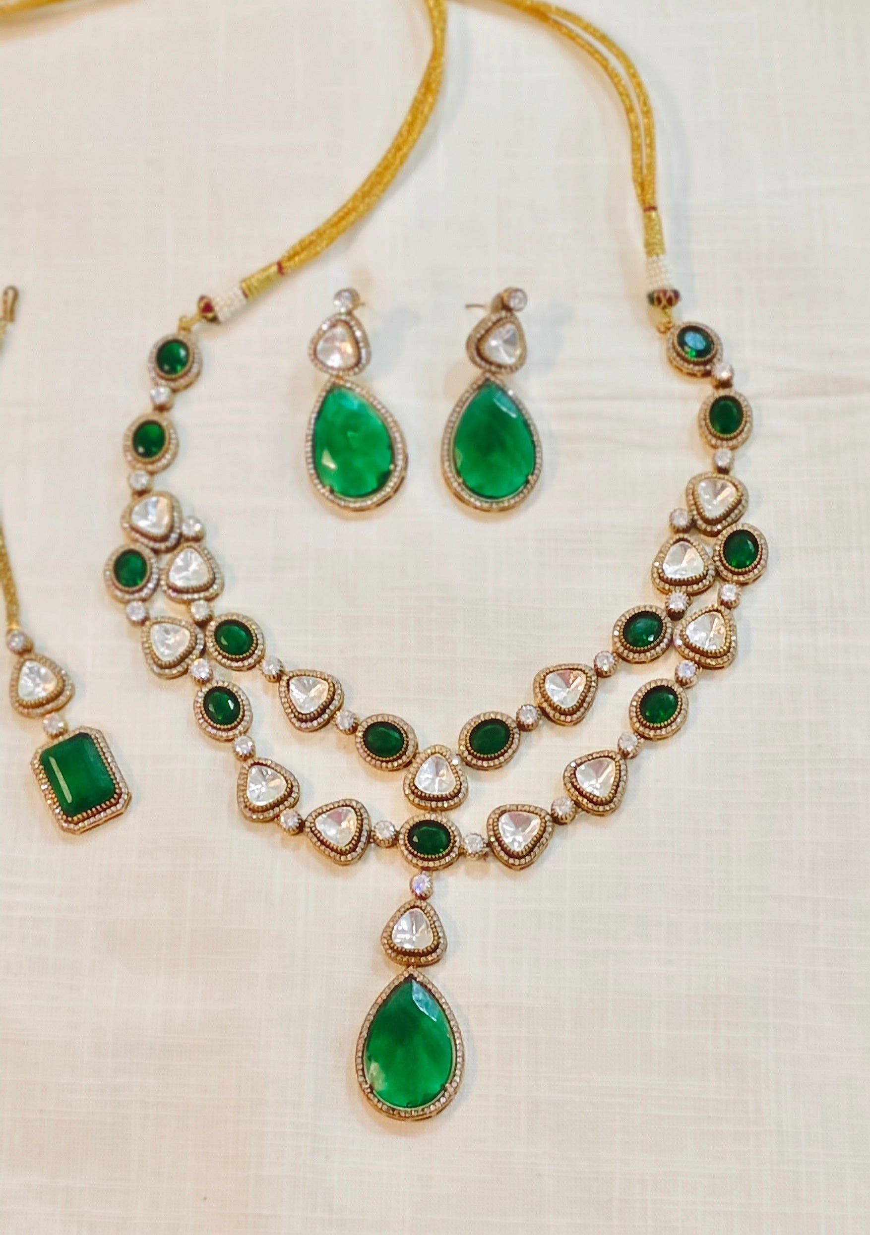 Green Colour Gold Plated Uncut Necklace with Earrings and Tika wore by Priyanka Sharma