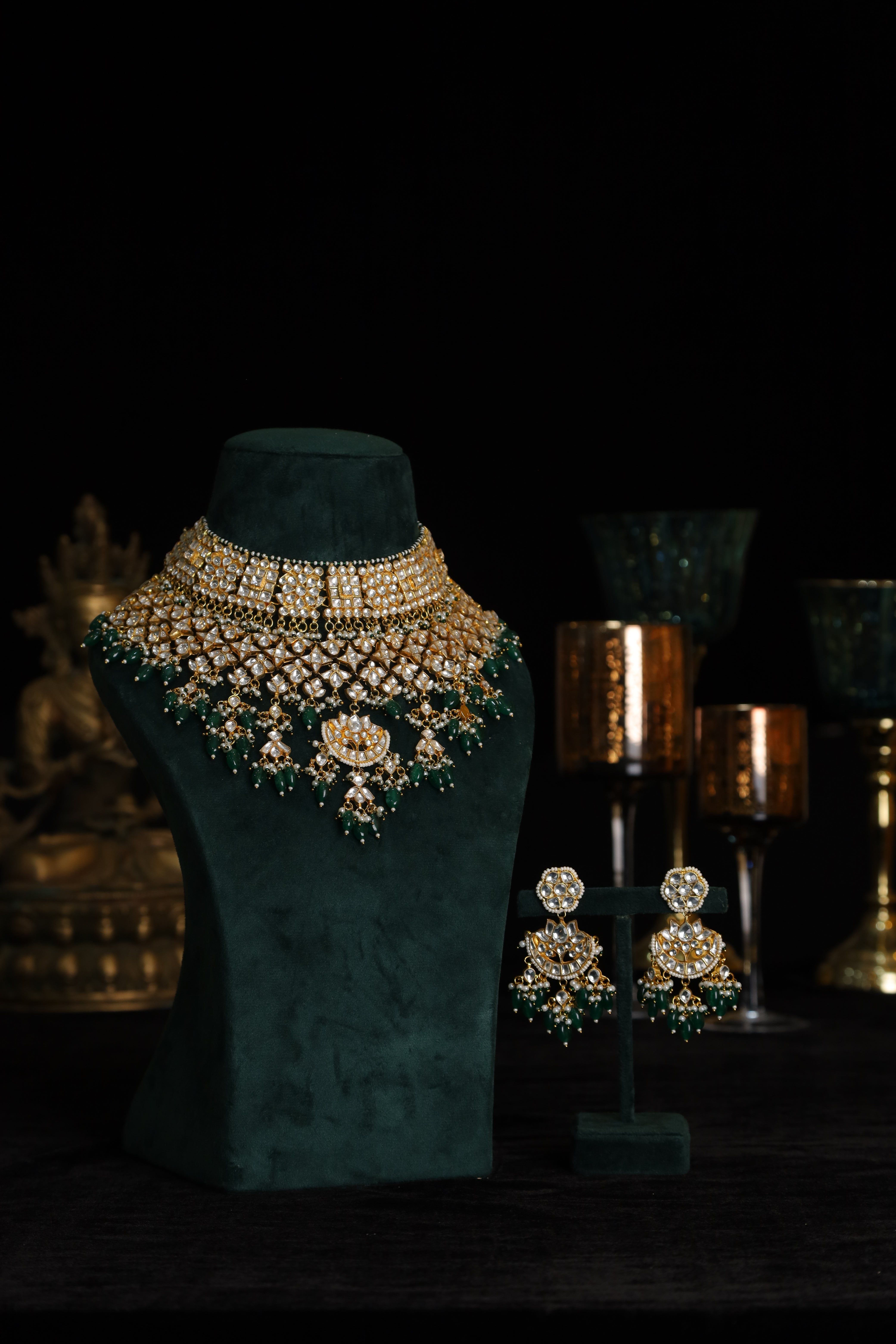 SJN1206- White and Green Colour Gold Plated Jadau Kundan Necklace with Earrings