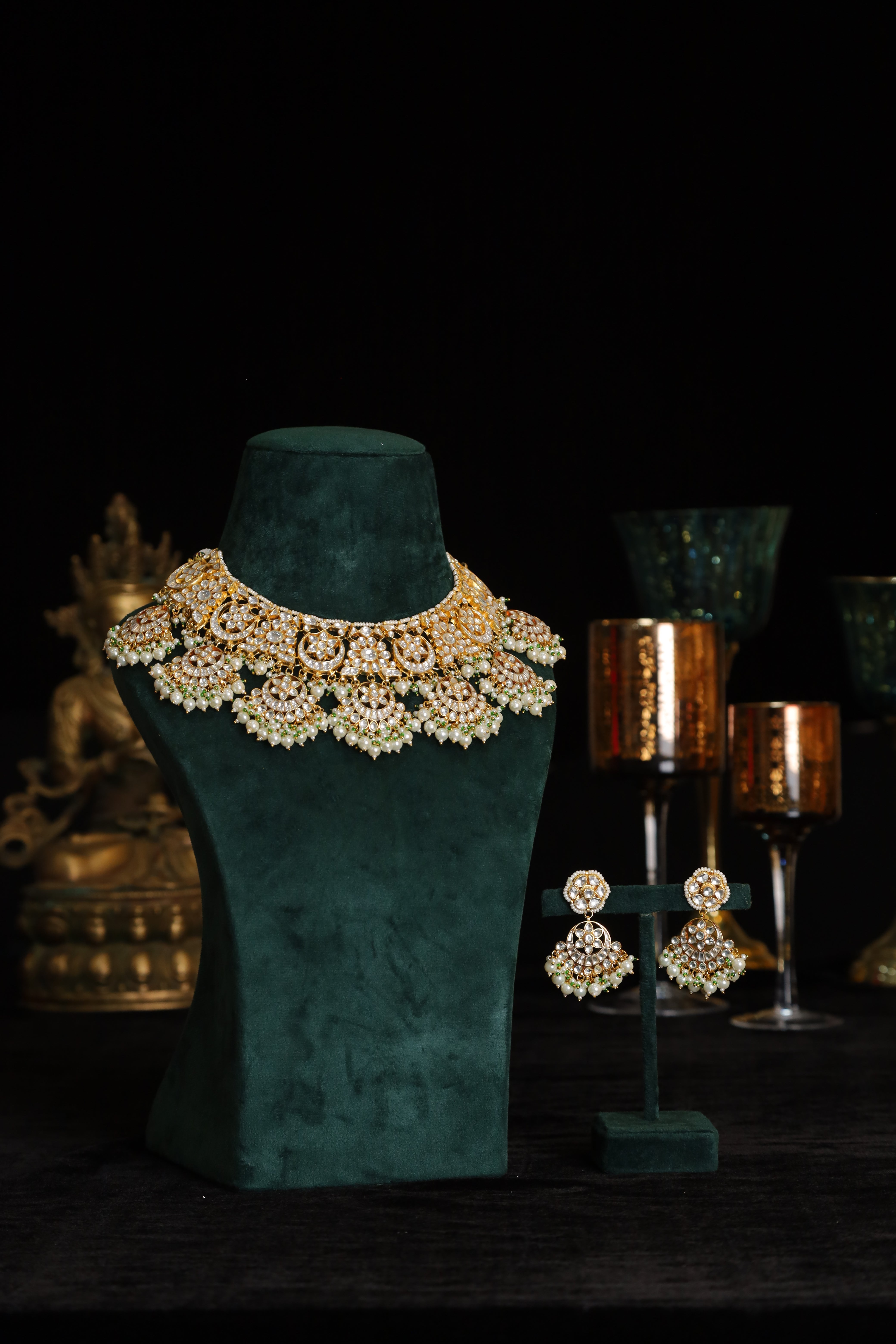 SJN1208- White Colour Gold Plated Jadau Kundan Necklace with Earrings