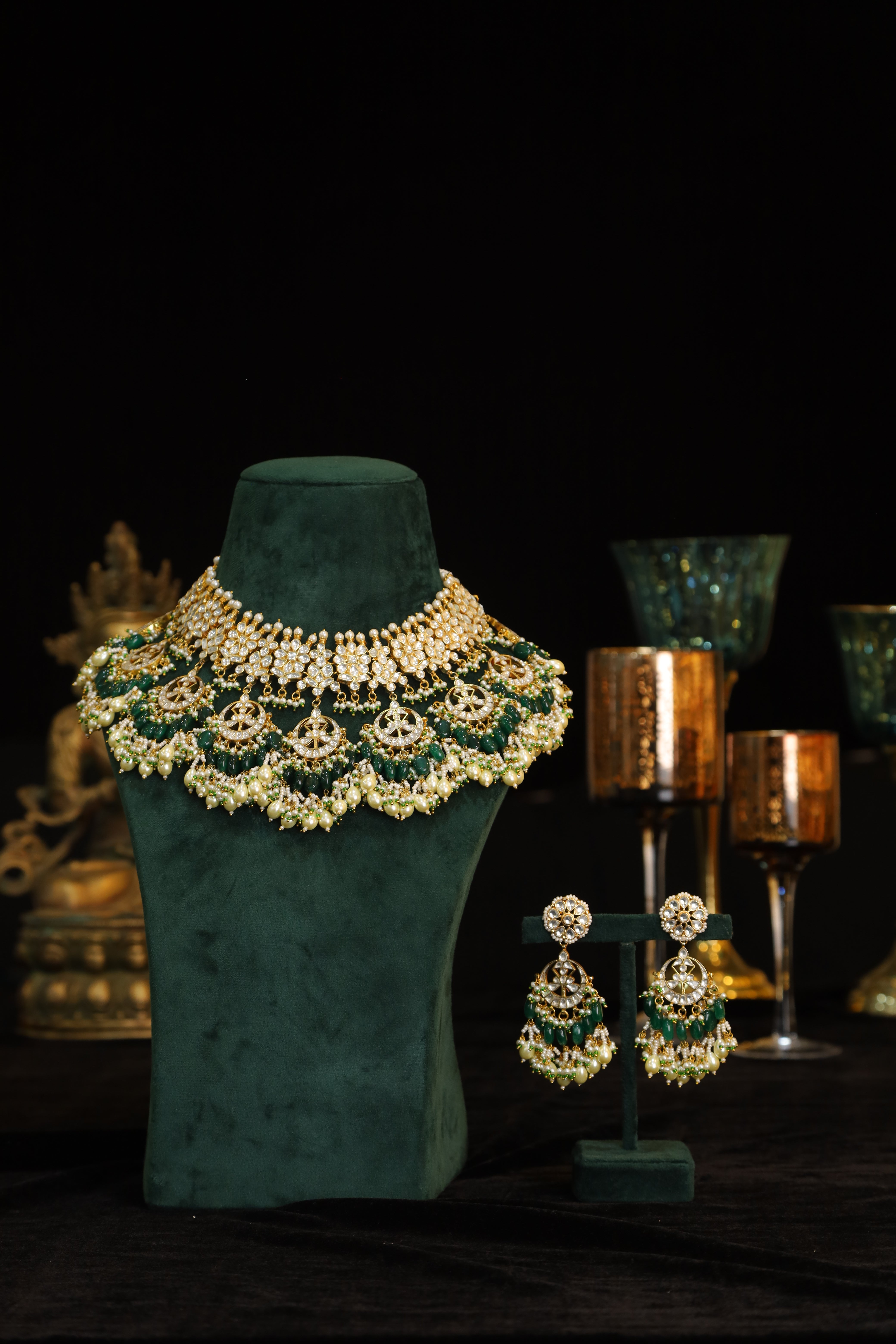 SJN1209- White and Green Colour Gold Plated Jadau Kundan Necklace with Earrings