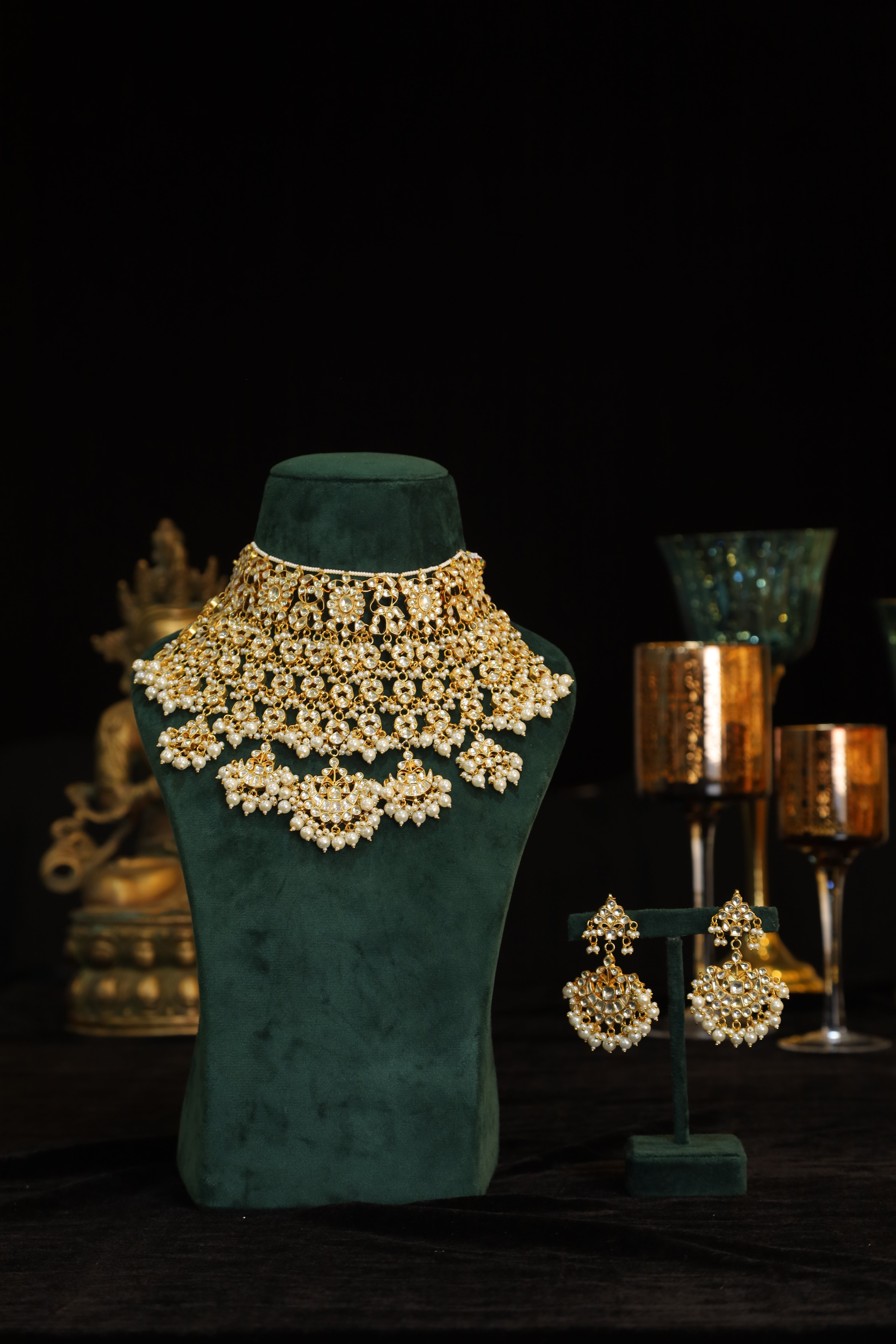 SJN1210- White Colour Gold Plated Jadau Kundan Necklace with Earirngs