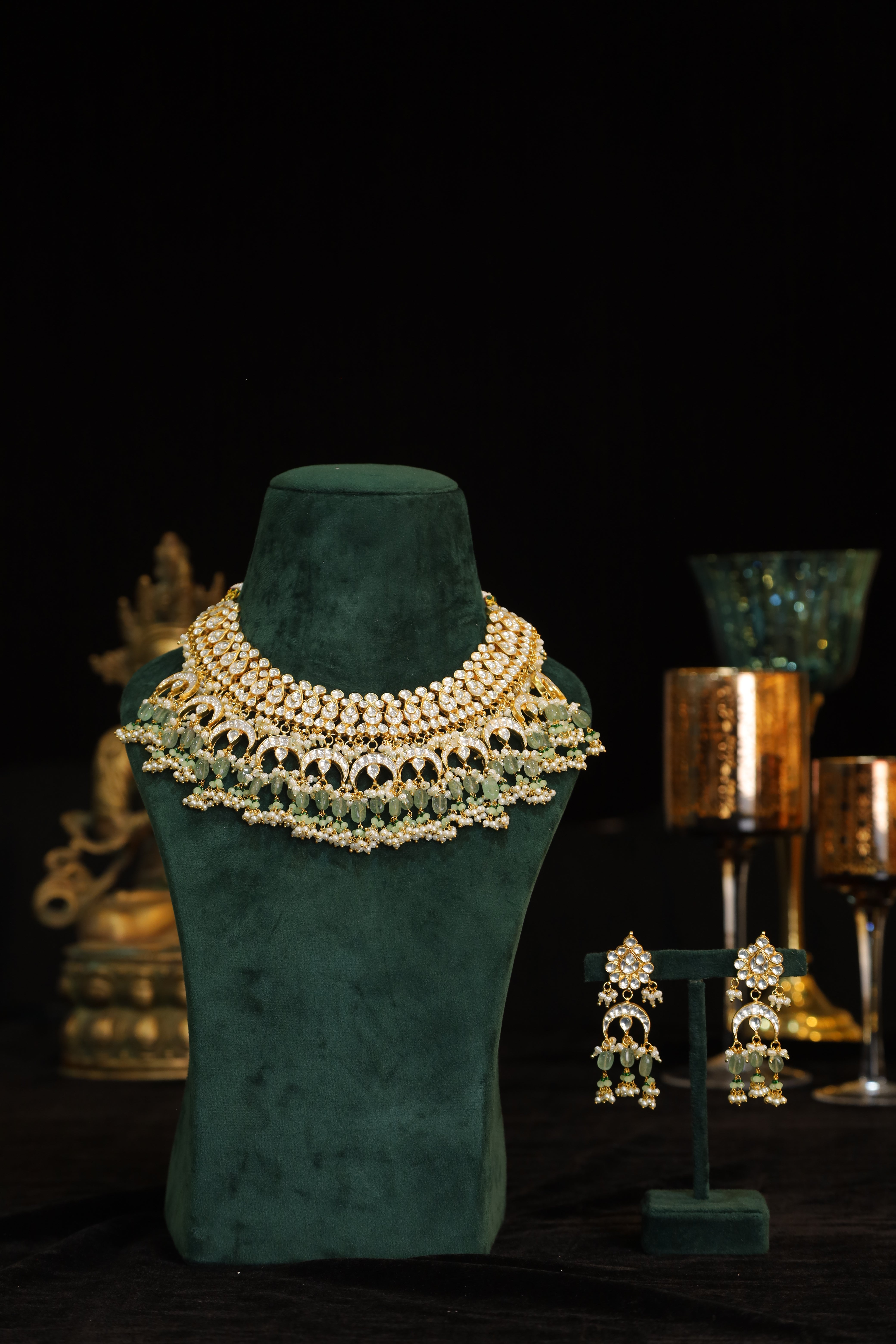 SJN1211- White and Green Colour Gold Plated Jadau Kundan Necklace with Earirngs