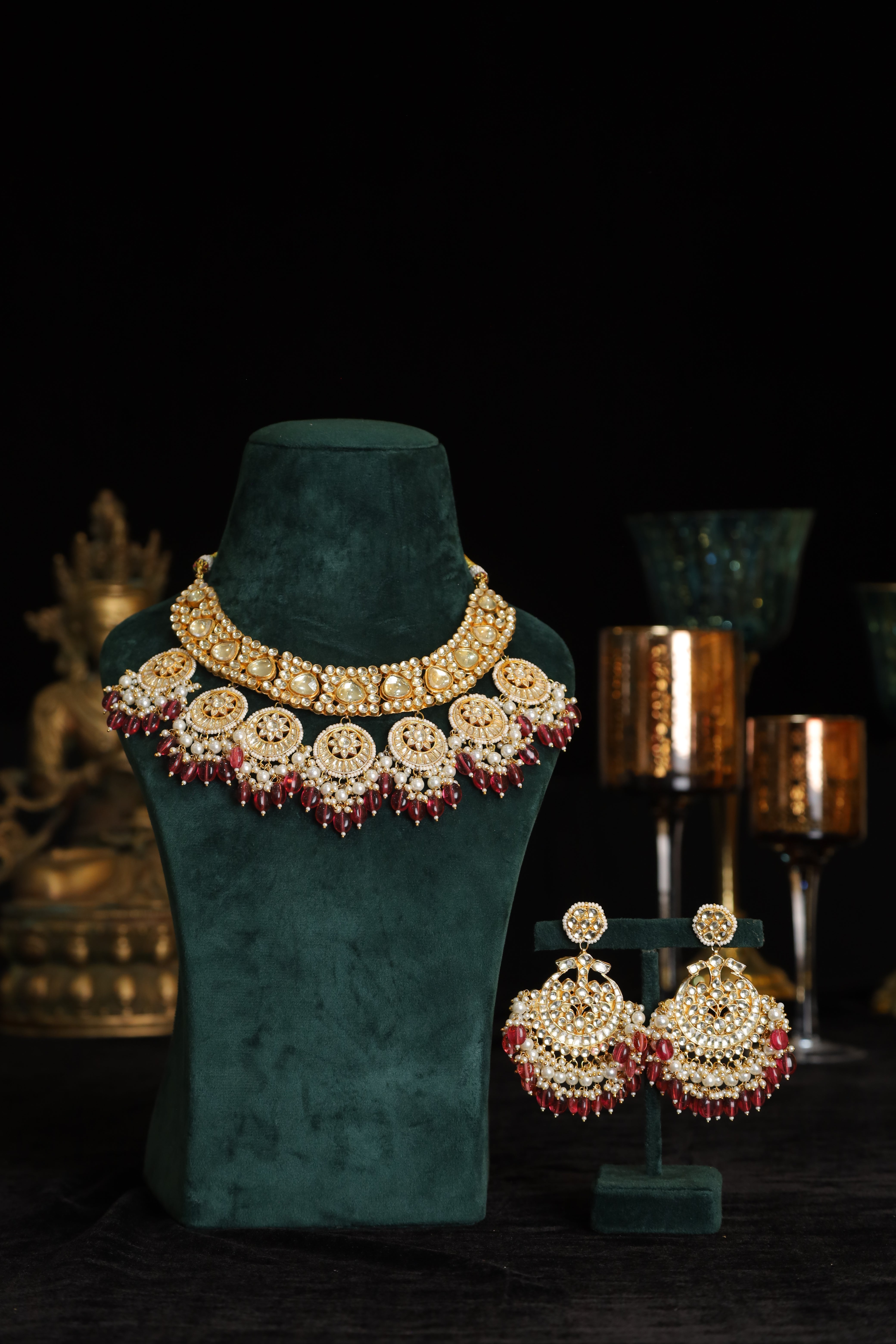 SJN1214- White and Red Colour Gold Plated Jadau Kundan Necklace with Earrings