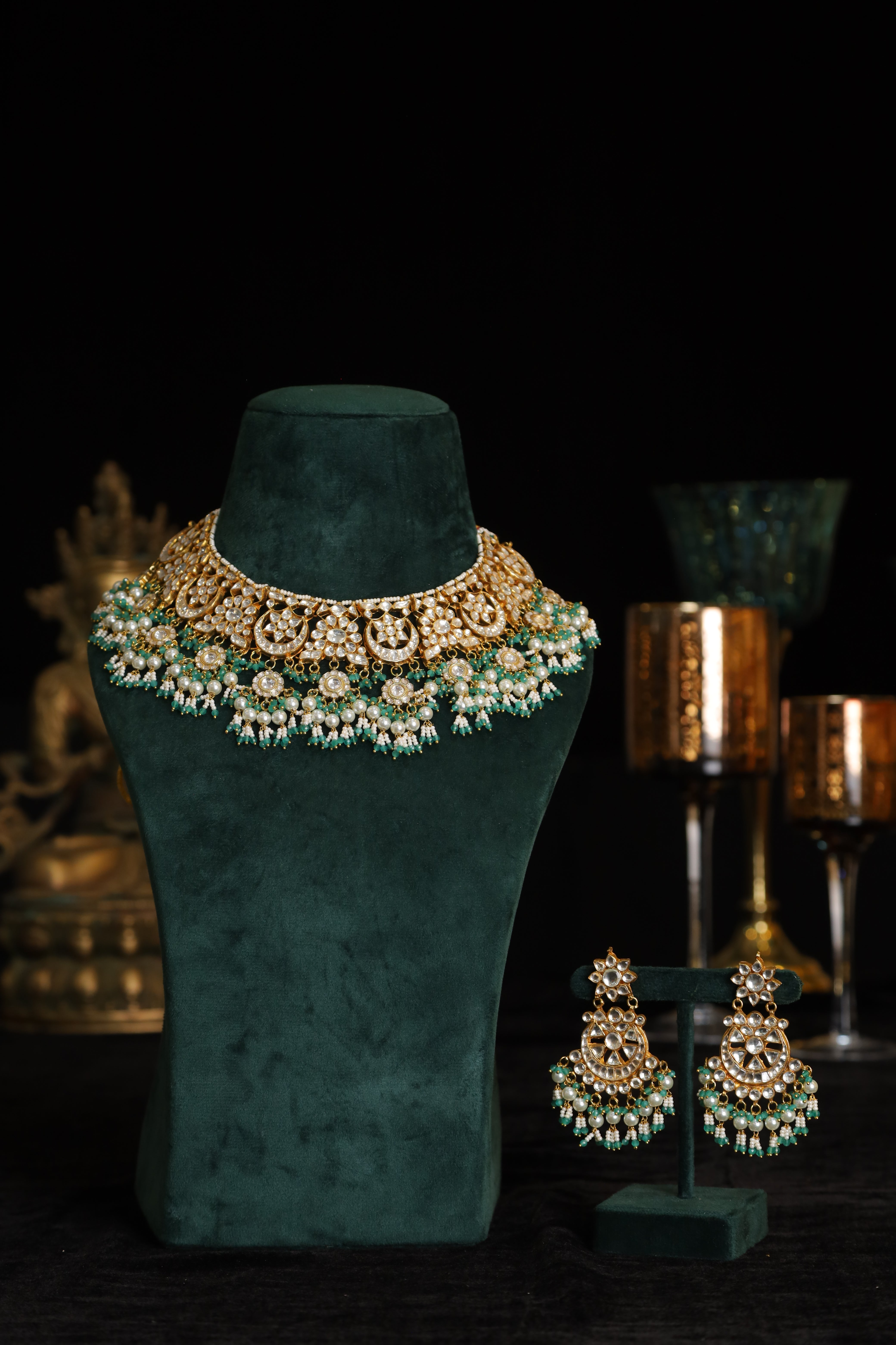 SJN1215- White and Green Colour Gold Plated Jadau Kundan Necklace with Earrings