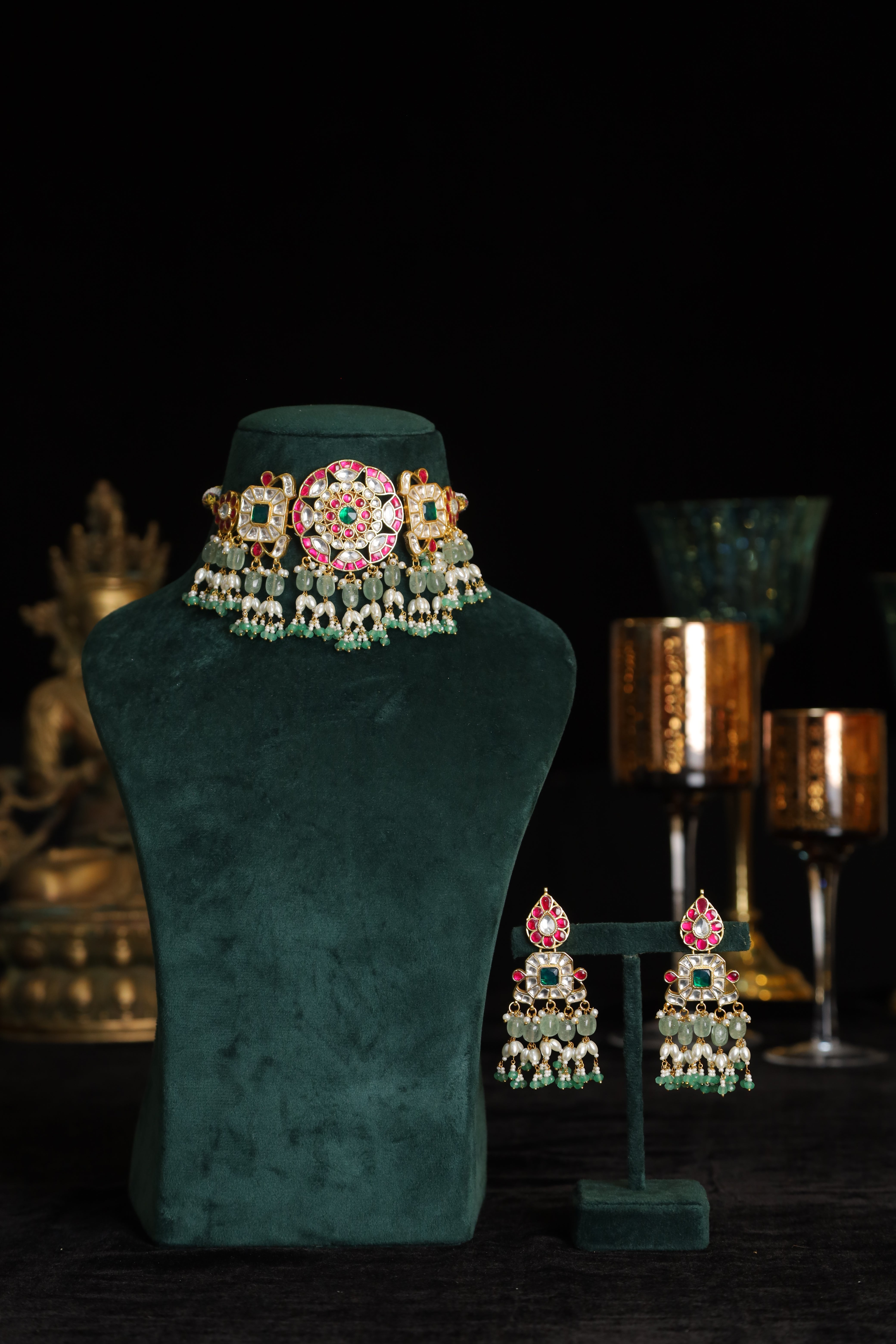 SJN1201- Multi Colour Gold Plated Jadau Kundan Choker with Earrings
