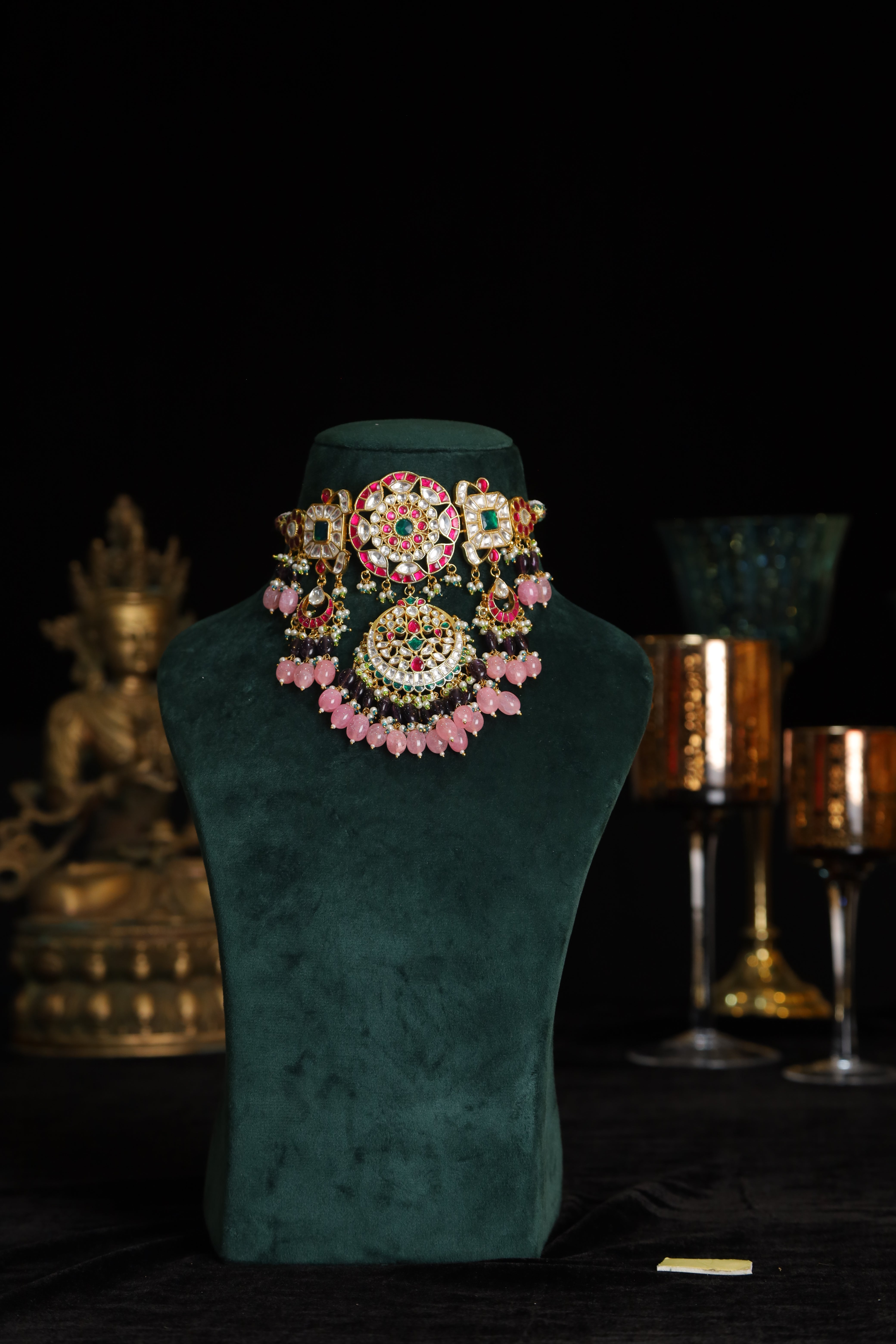 SJN1202- Multi Colour Gold Plated Jadau Kundan Choker with Earrings