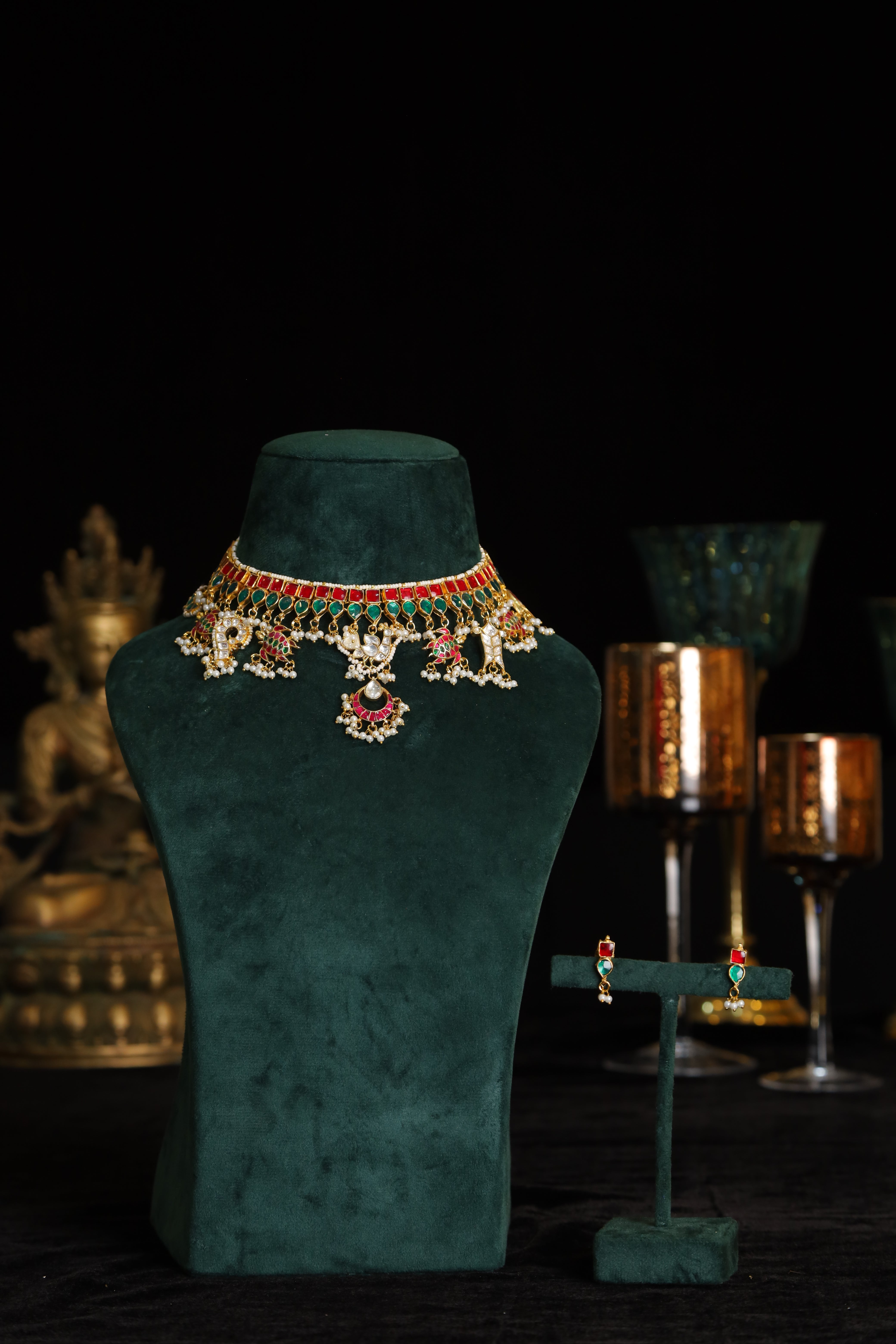 SJN1187- Multi Colour Gold Plated Jadau Kundan Fusion Choker with Earrings
