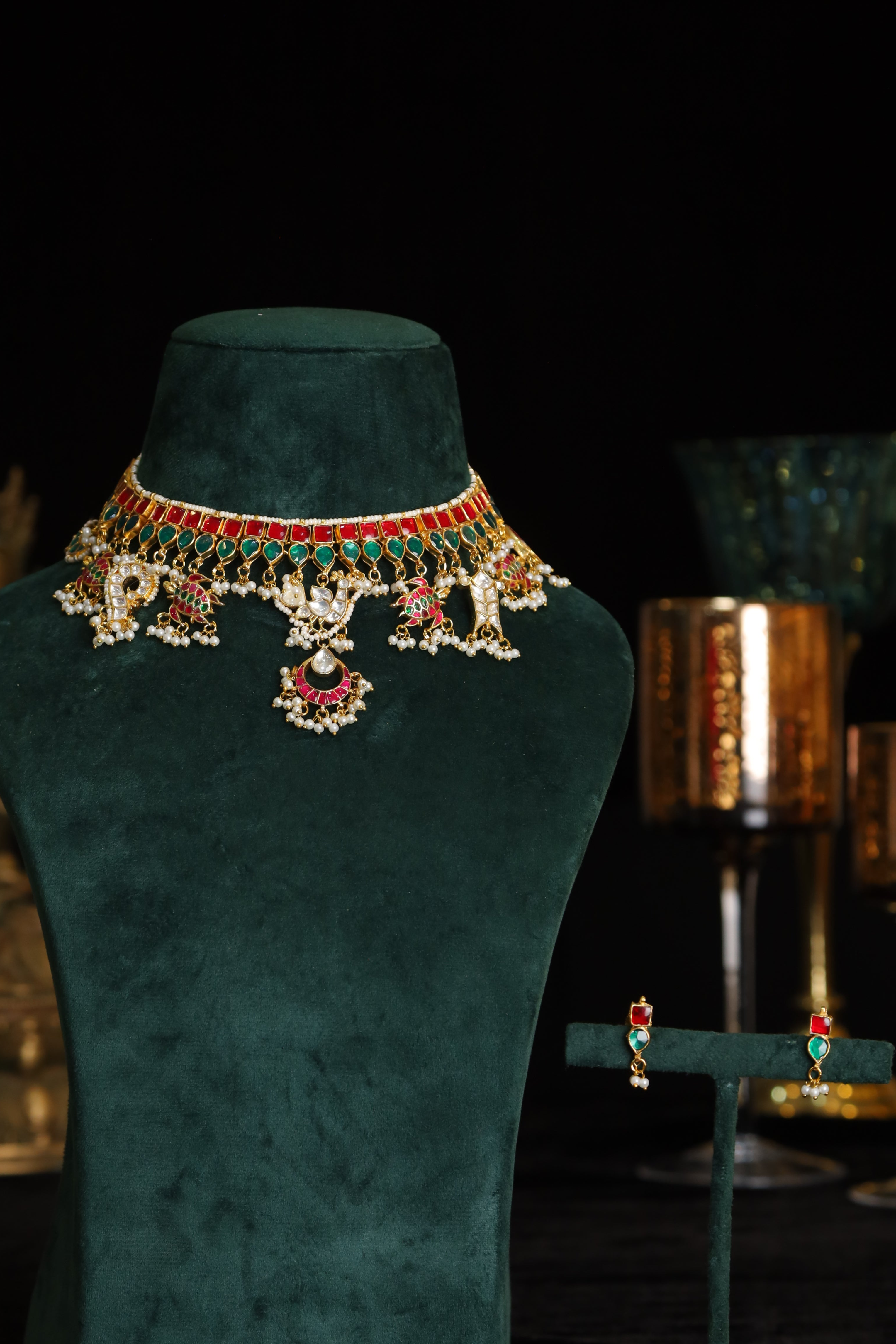 SJN1187- Multi Colour Gold Plated Jadau Kundan Fusion Choker with Earrings
