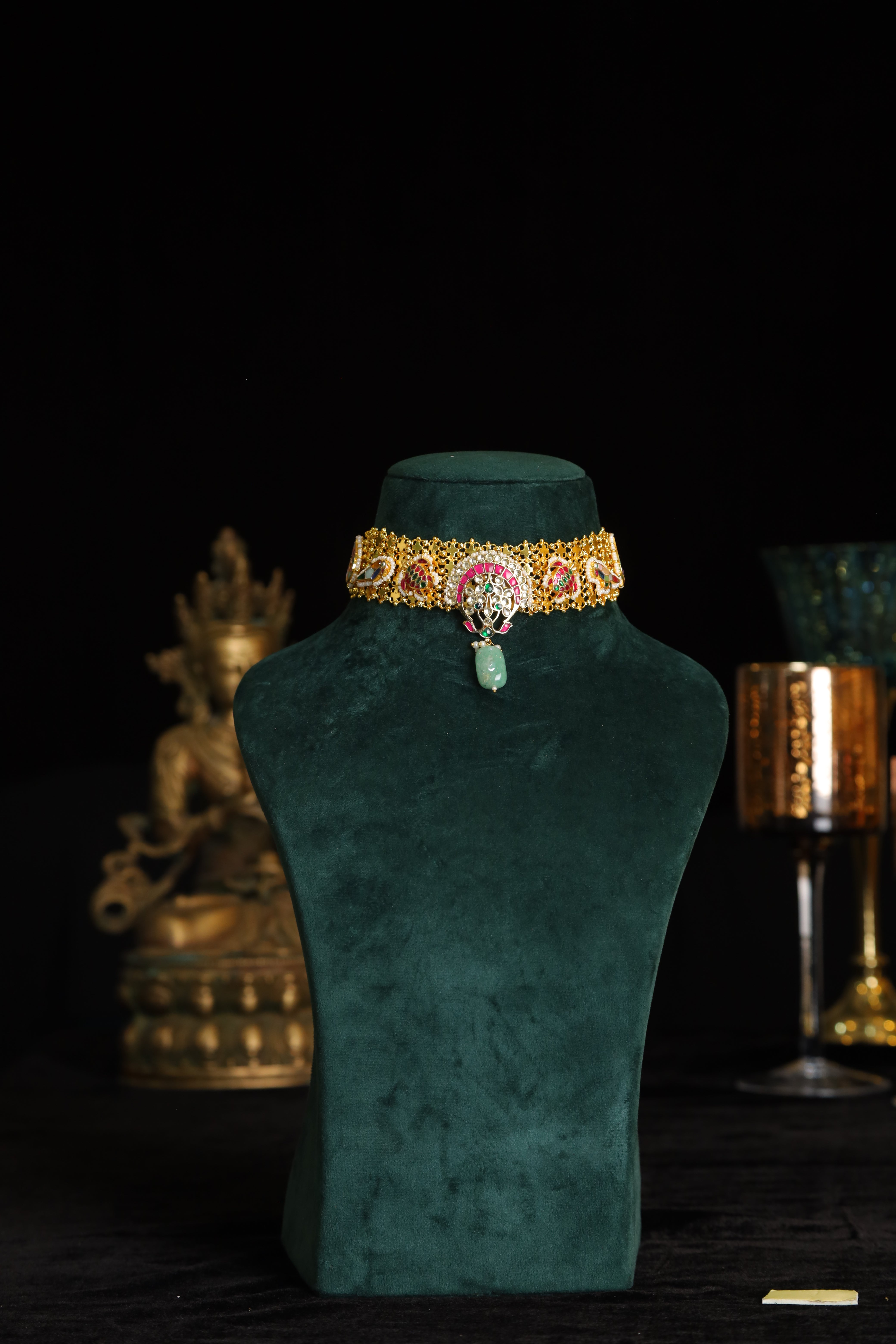 SJN1188- Multi Colour Gold Plated Jadau Kundan Fusion Choker with Earrings